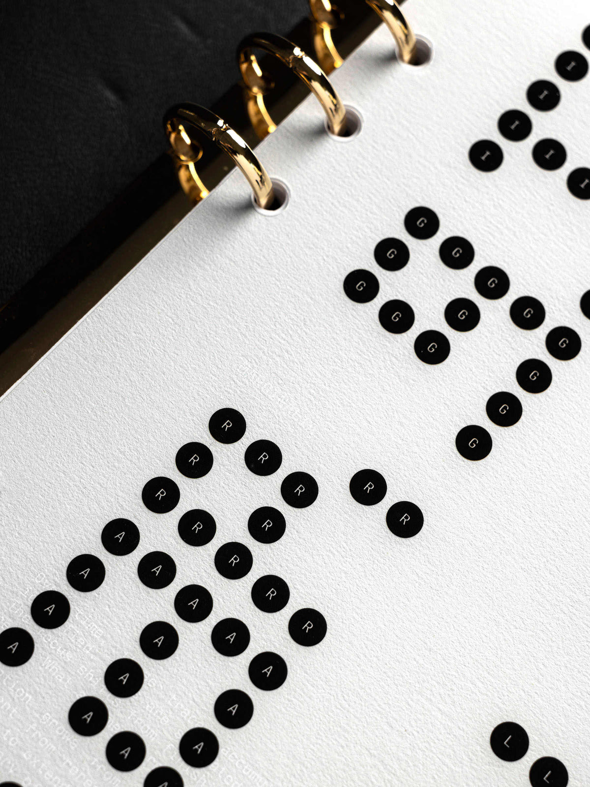 Scantron Dashboard Duo, A5 6-Ring Punch, angled close-up of the bubbles, each printed with a small white letter