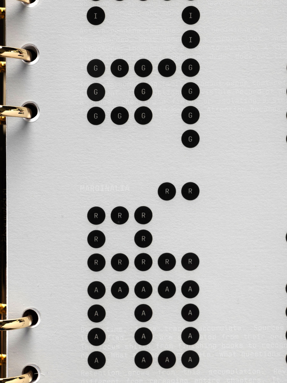 Scantron Dashboard Duo, A5 6-Ring Punch, close-up of the bubble columns running down beside the gold rings