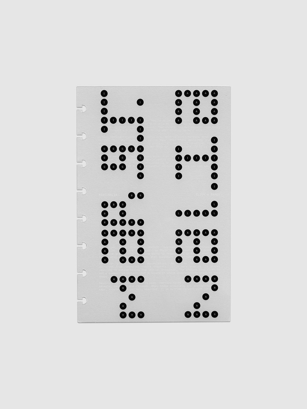 Scantron Dashboard Duo, Half Letter 8-Disc Punch, the clear bubble layer lying over the grey dashboard, rows of black lettered bubbles spelling words down the page