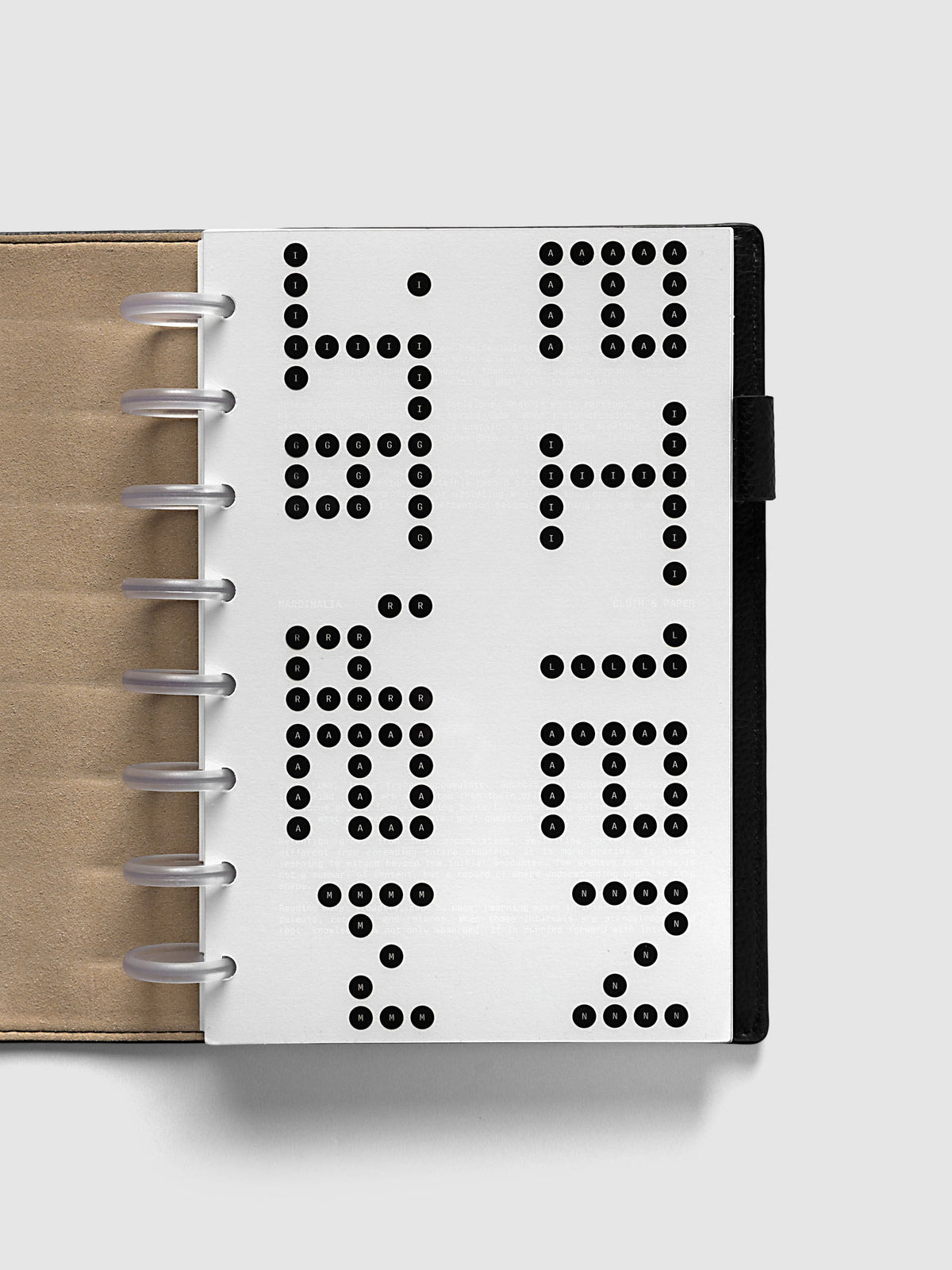 Scantron Dashboard Duo, Half Letter 8-Disc Punch, the dashboard pair on frosted discs in an open black leather planner with a kraft interior panel
