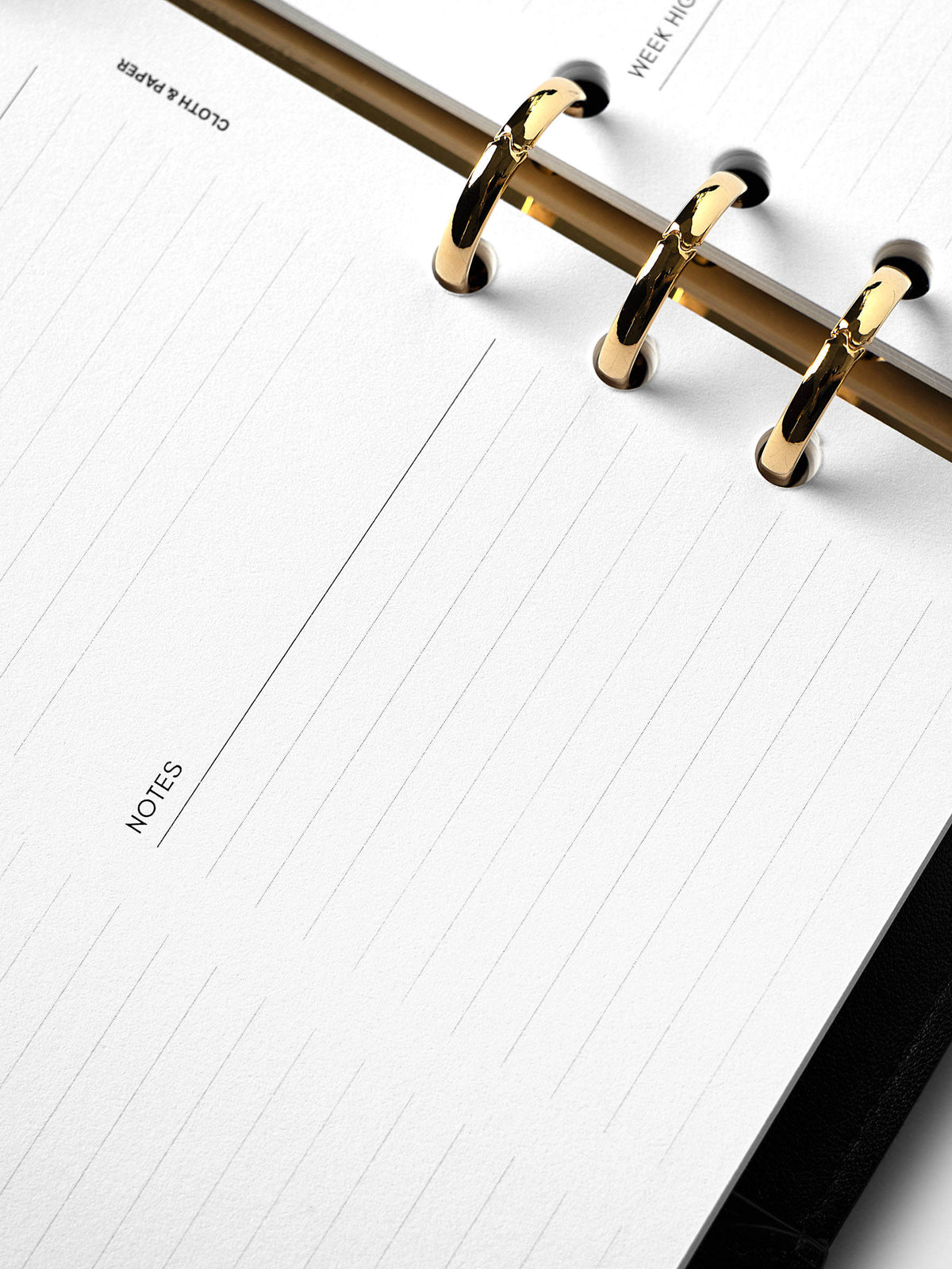 Weekly Essentials Planner Inserts, A5 6-Ring Punch, close-up of the lined Notes section beside the gold rings