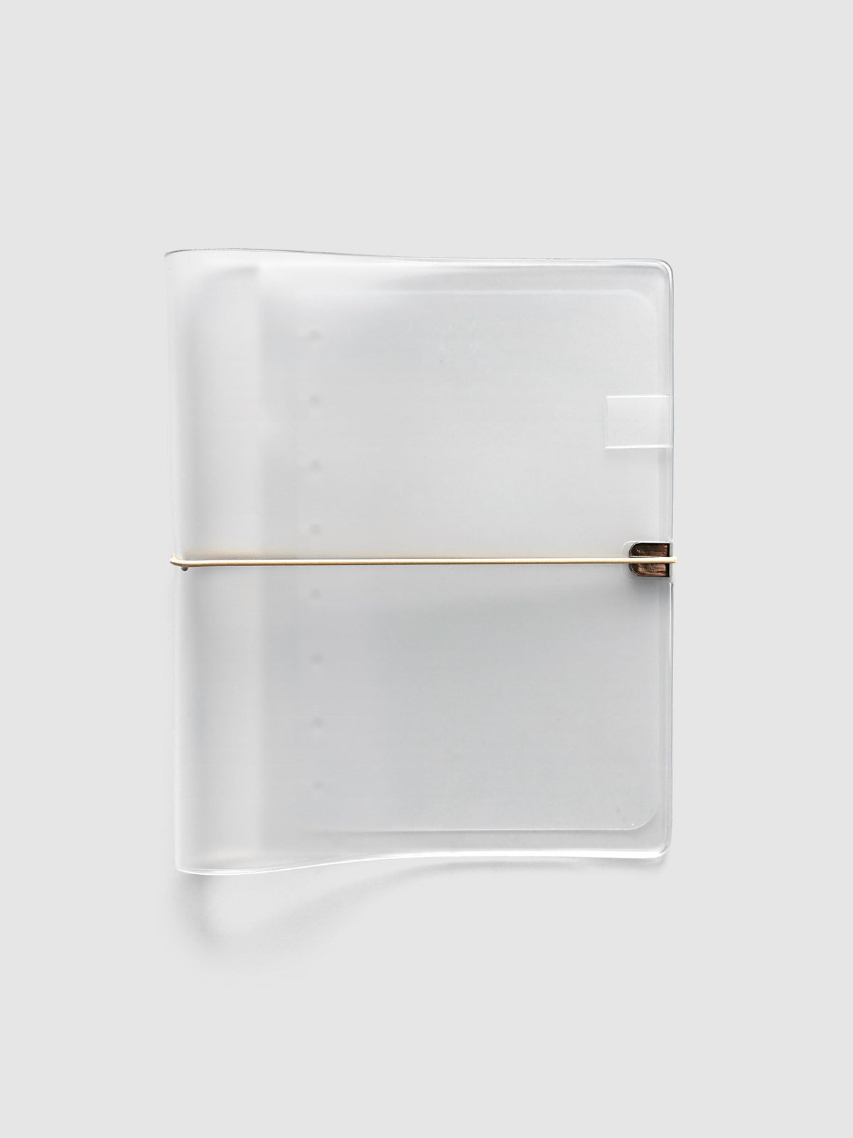 Folio Cover in frosted vinyl, Large (Half Letter 8-Disc Punch), closed with a beige bungee cord hooked to a silver metal clip