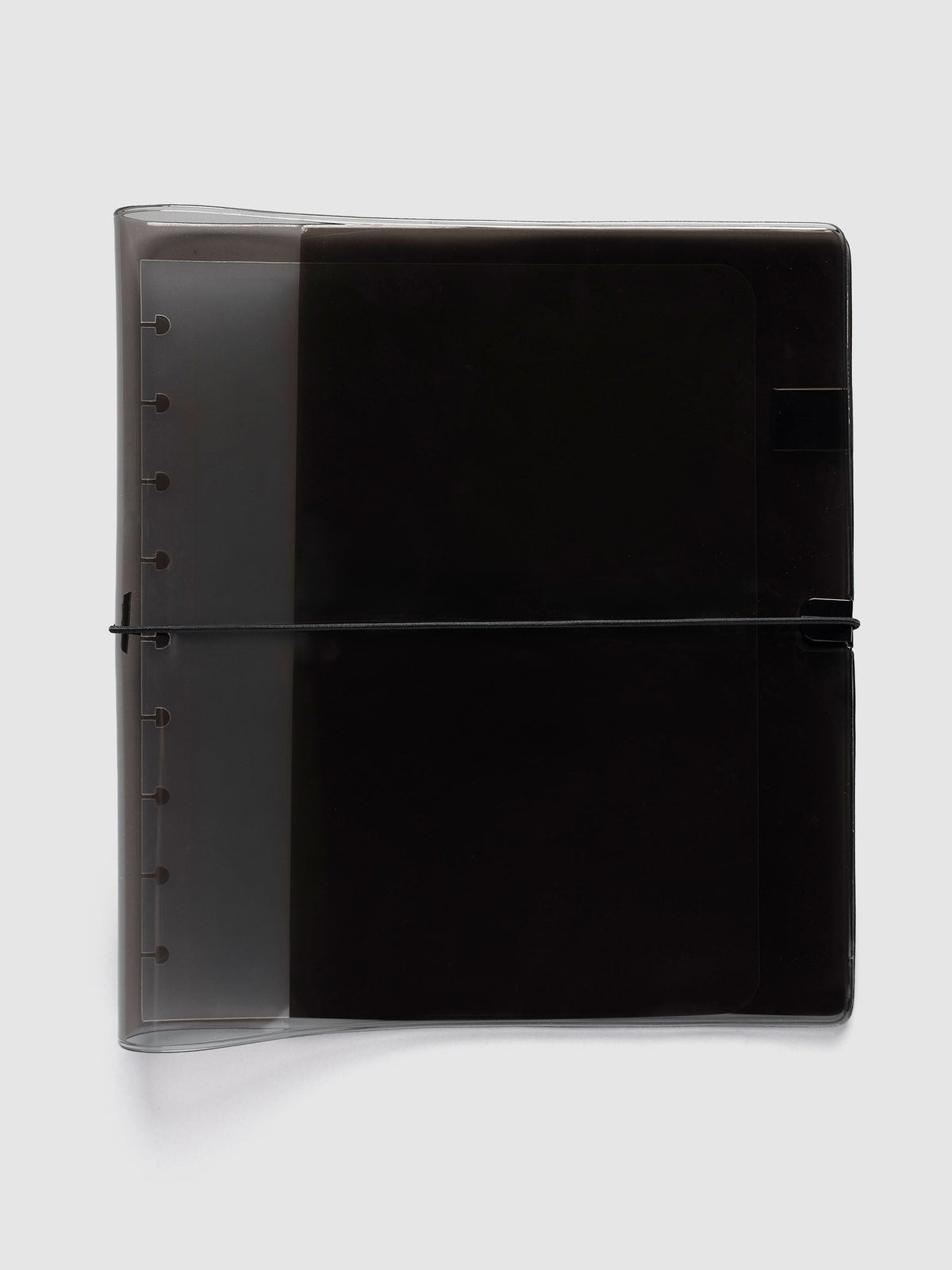 Folio Cover in black tinted vinyl, HP Classic (HP Classic 9-Disc Punch), closed with a black bungee cord hooked to a black clip