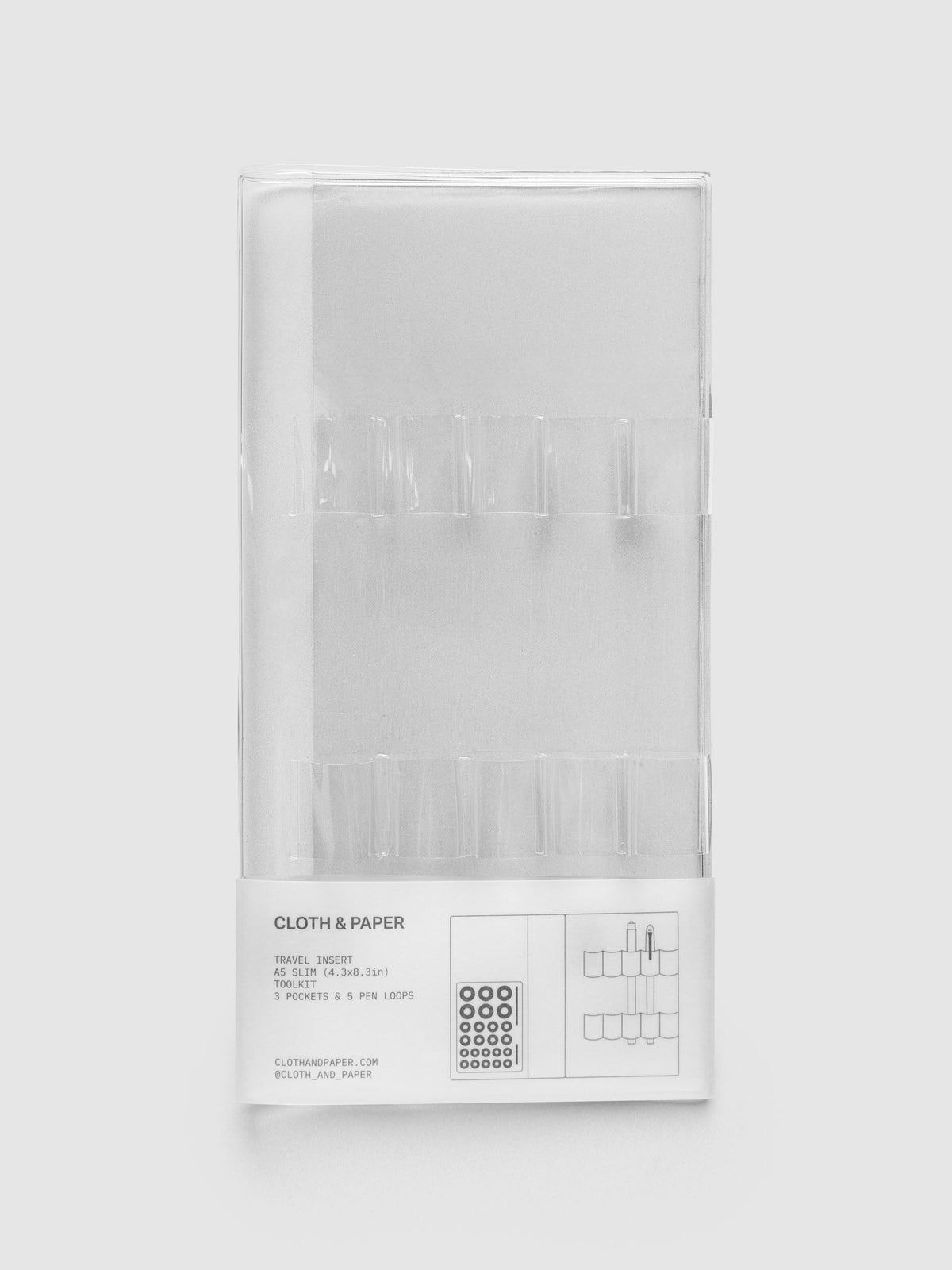Travel Tool Kit, A5 Slim, in clear vinyl, packaged with a white belly band reading 3 pockets and 5 pen loops