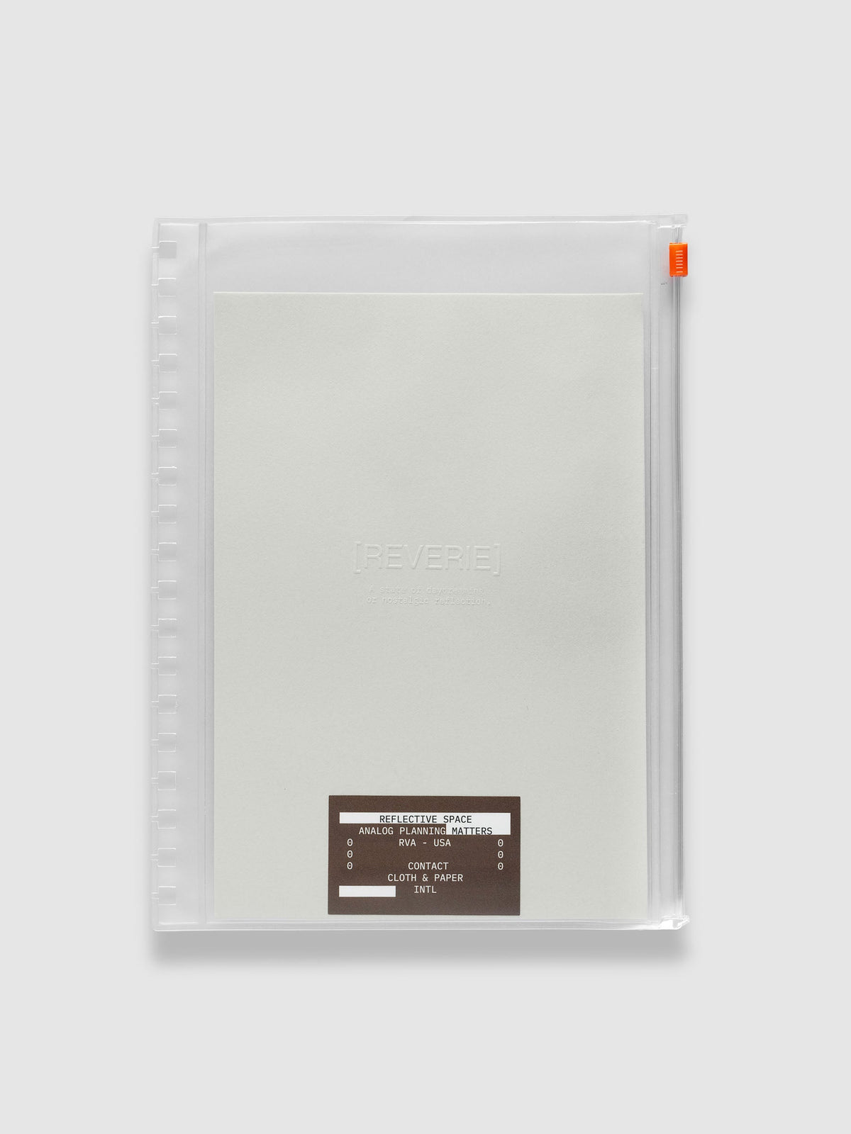 Clear zippered pouch with an orange zipper pull, pre-punched for HP Classic Spiral notebooks, holding a light grey embossed paper dashboard and a brown sticker. Shown in size HP Classic Spiral.