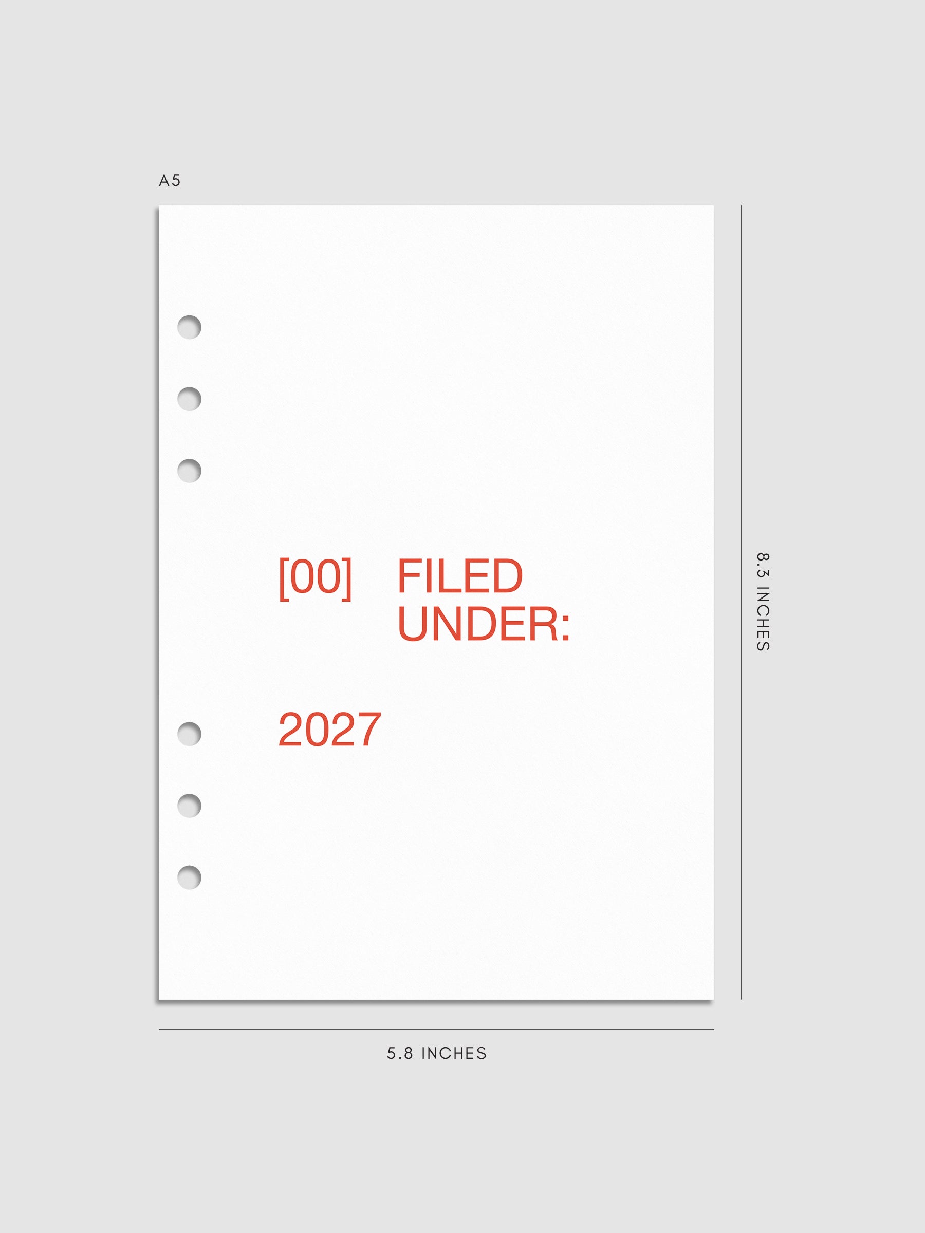 2027 Front + Monthly Dashboard Overlays, Saffron, A5 6-Ring Punch, set of 13 translucent vellum overlays including a front cover overlay and 12 monthly dashboards printed in red and orange ink