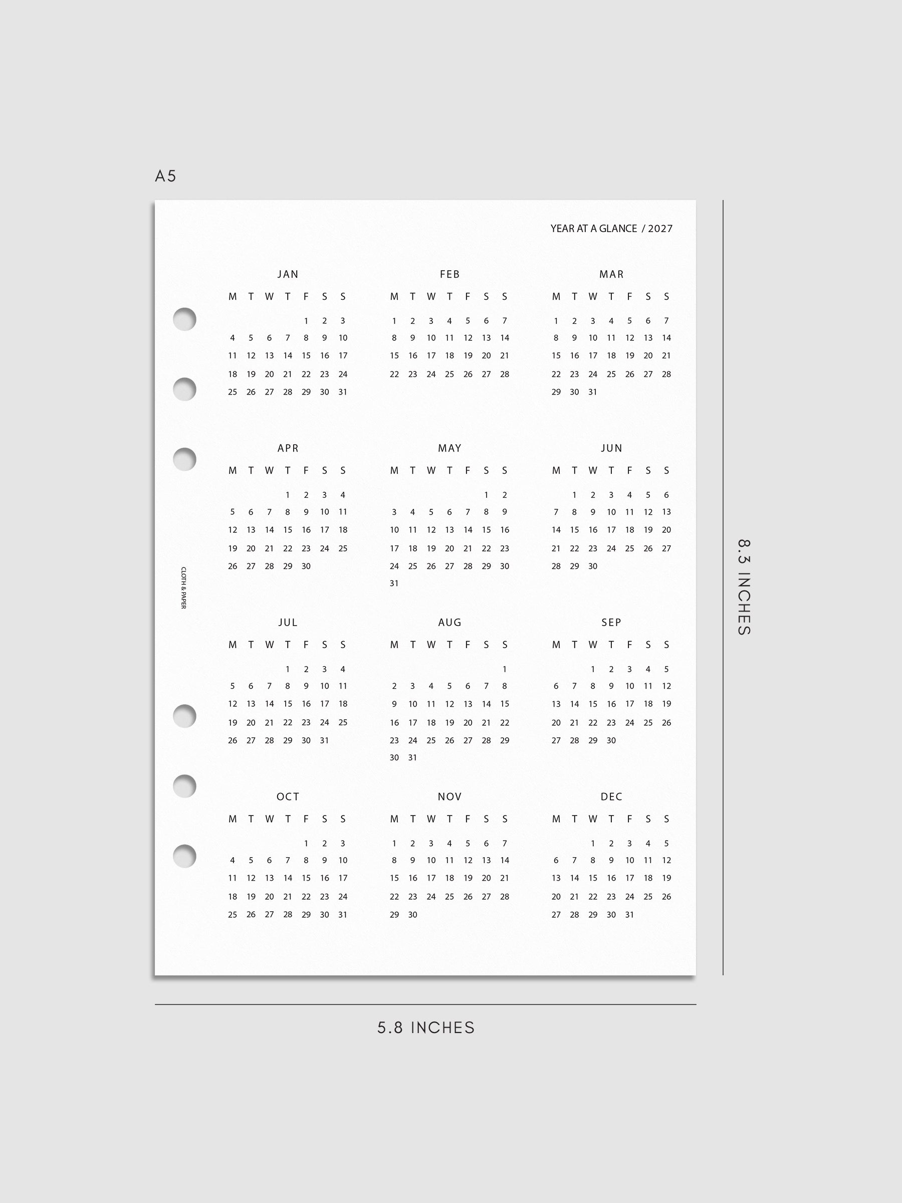 2027 Year At A Glance Dashboard Monday Start, A5 6-Ring Punch, translucent vellum dashboard printed with a full year calendar in Monday-start format