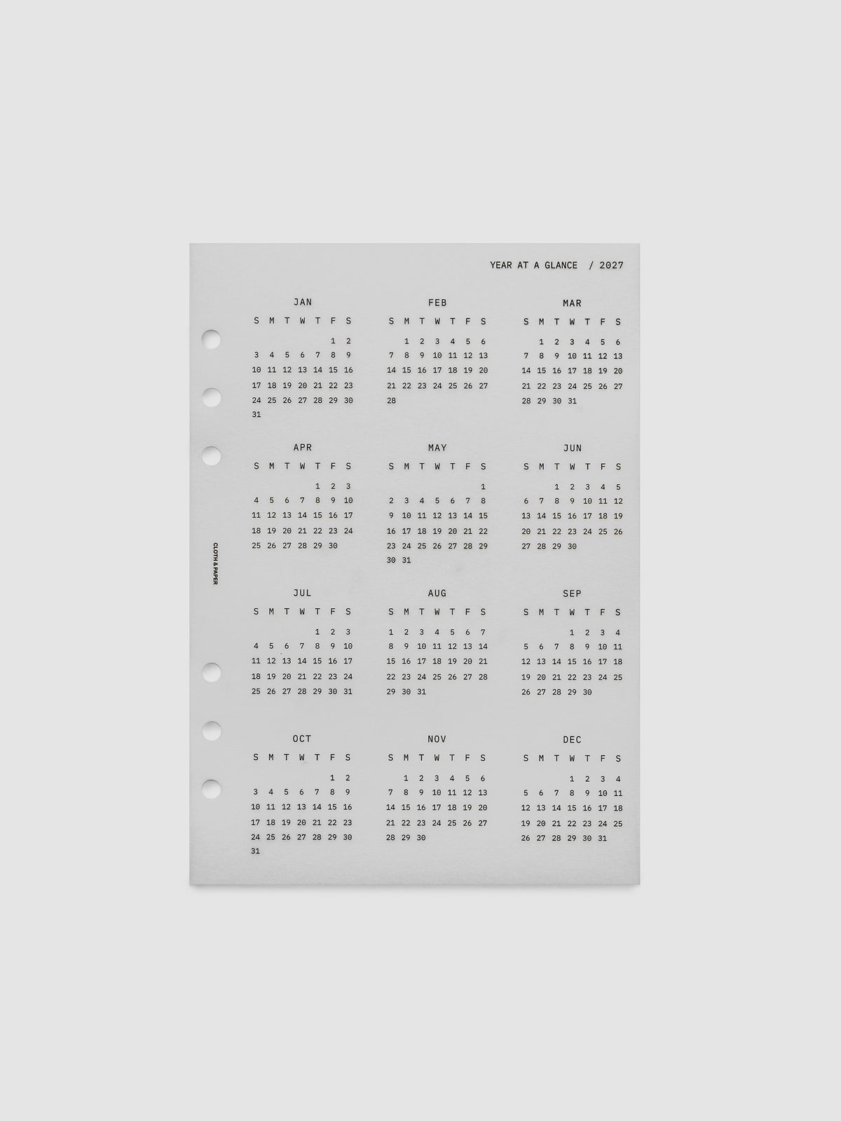 2027 Year At A Glance Dashboard Sunday Start, A5 6-Ring Punch, translucent vellum dashboard shown on its own