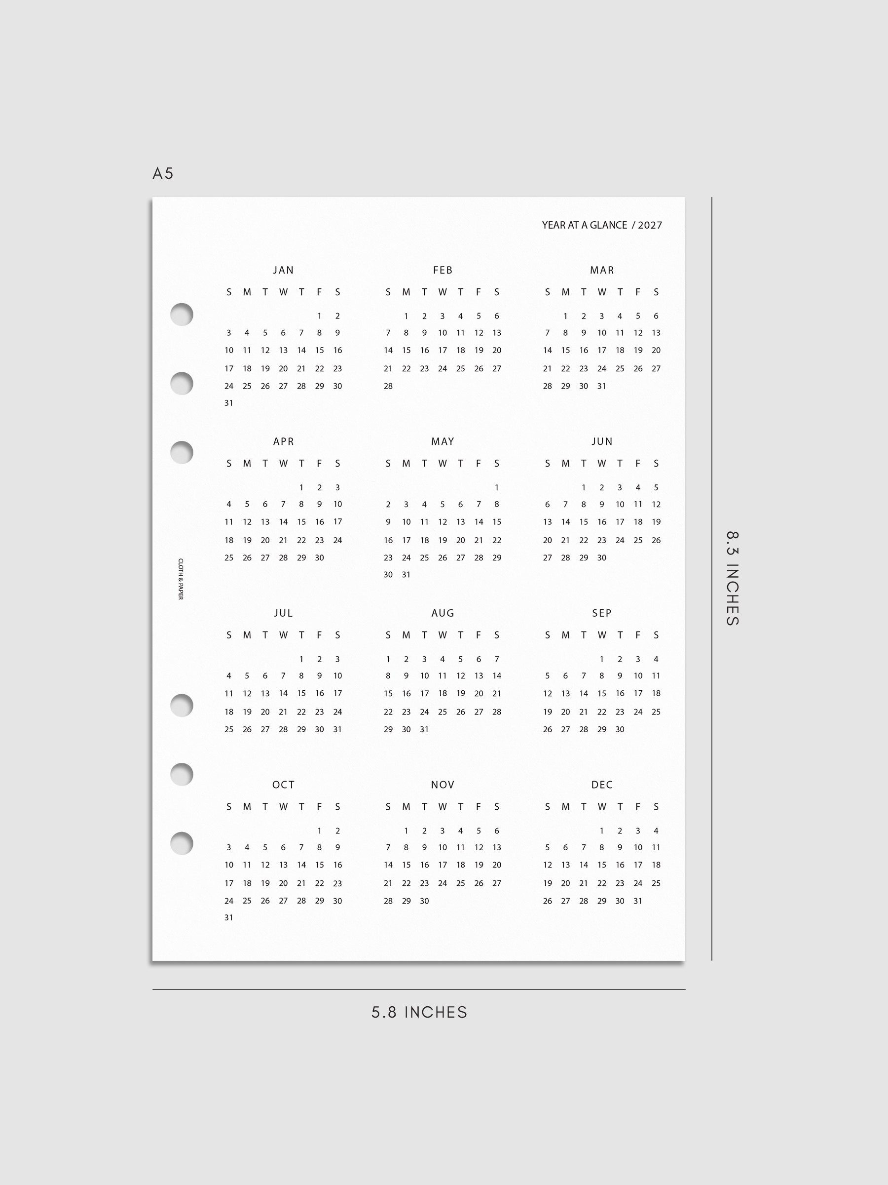2027 Year At A Glance Dashboard Sunday Start, A5 6-Ring Punch, translucent vellum dashboard printed with a full 2027 year-at-a-glance calendar in Sunday-start format
