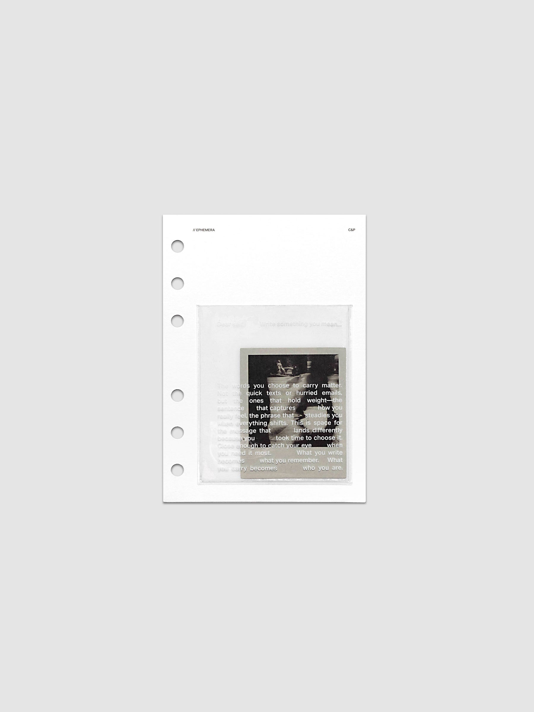White Ephemera Planner Dashboard with transparent pocket and journaling card shown pre-punched for A6 6-ring planners.