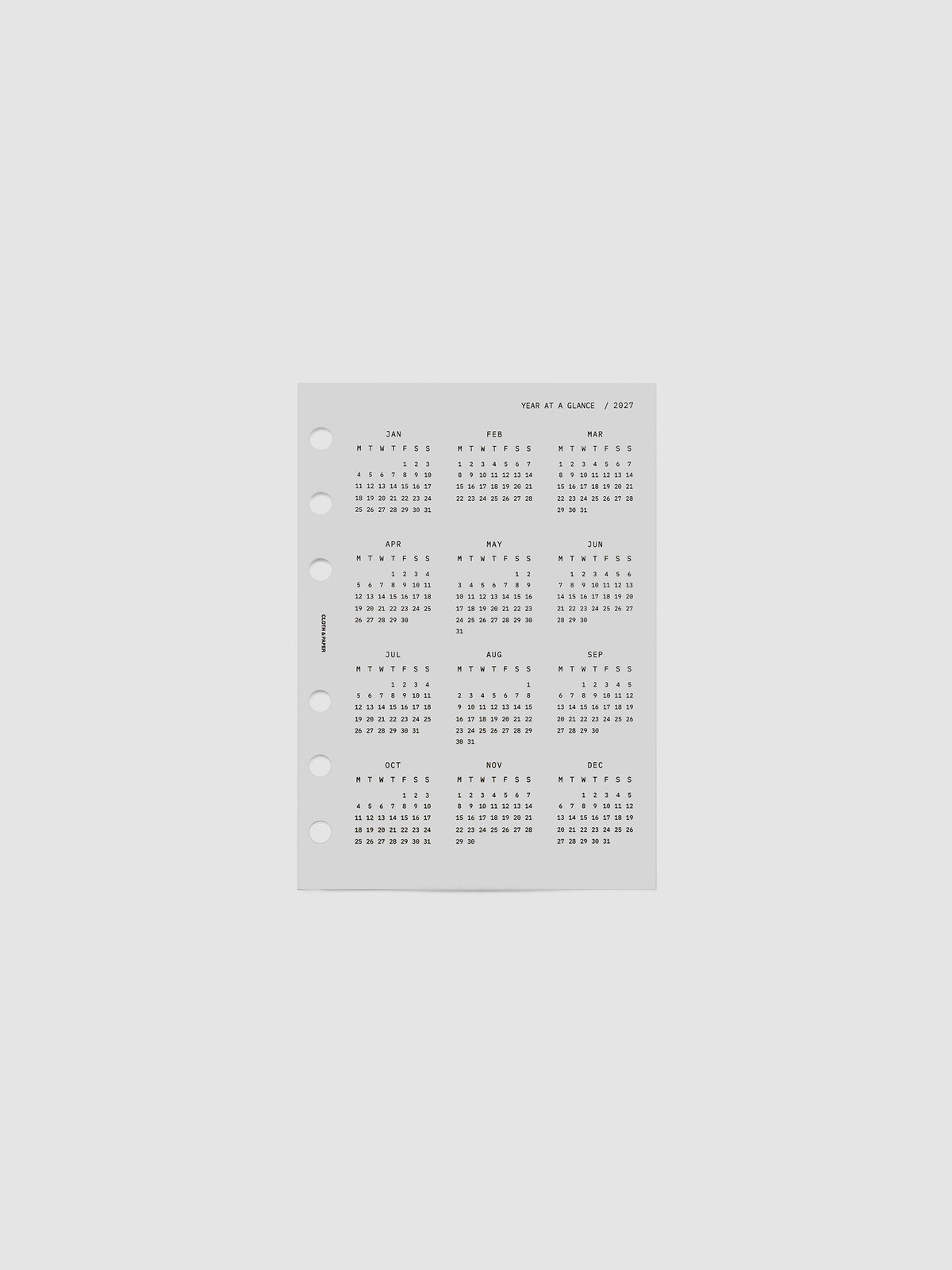2027 Year At A Glance Dashboard Monday Start, A6 6-Ring Punch, translucent vellum dashboard shown on its own