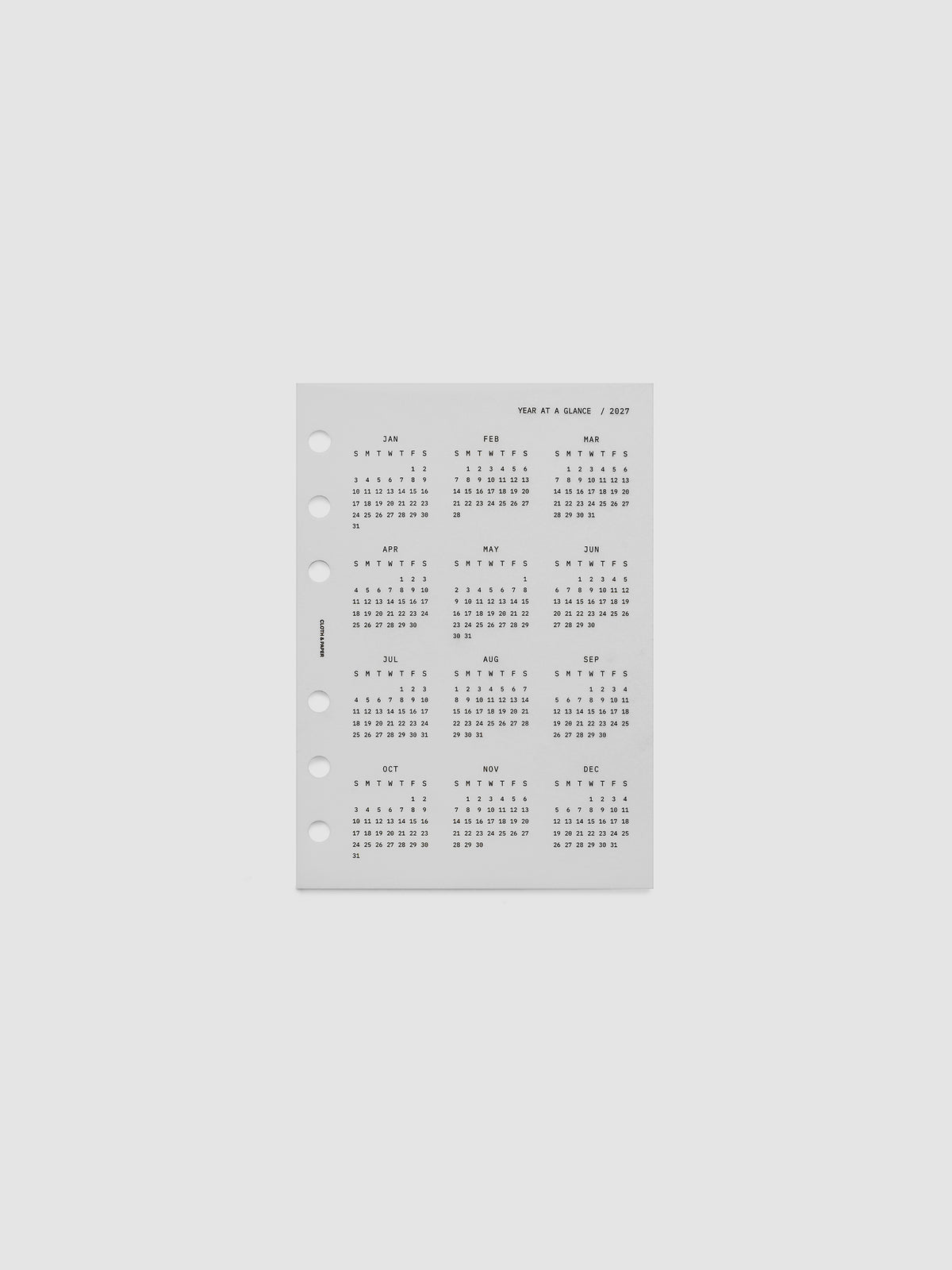 2027 Year At A Glance Dashboard Sunday Start, A6 6-Ring Punch, translucent vellum dashboard shown on its own