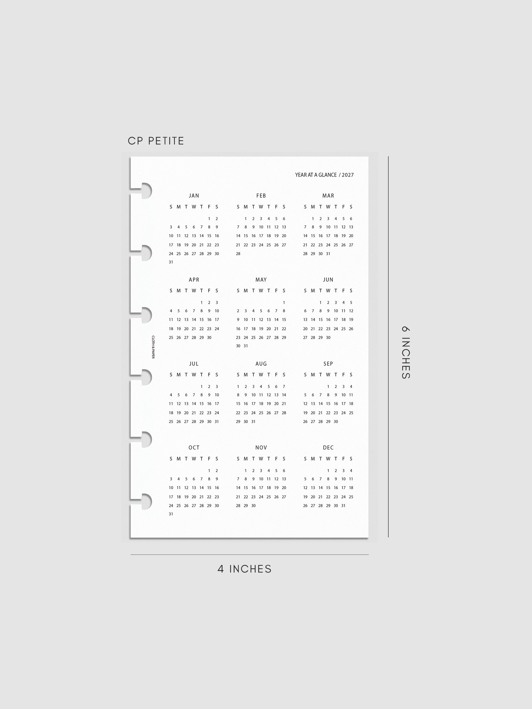 2027 Year At A Glance Dashboard Sunday Start, CP Petite 6-Disc Punch, translucent vellum dashboard printed with a full 2027 year-at-a-glance calendar in Sunday-start format
