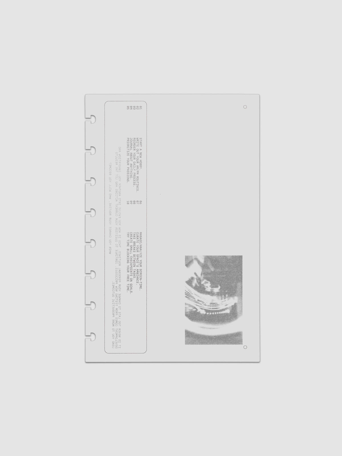 Translucent vellum dashboard with black printed type and photographic designs. Pre-punched for Half Letter sized discbound notebooks and planners.