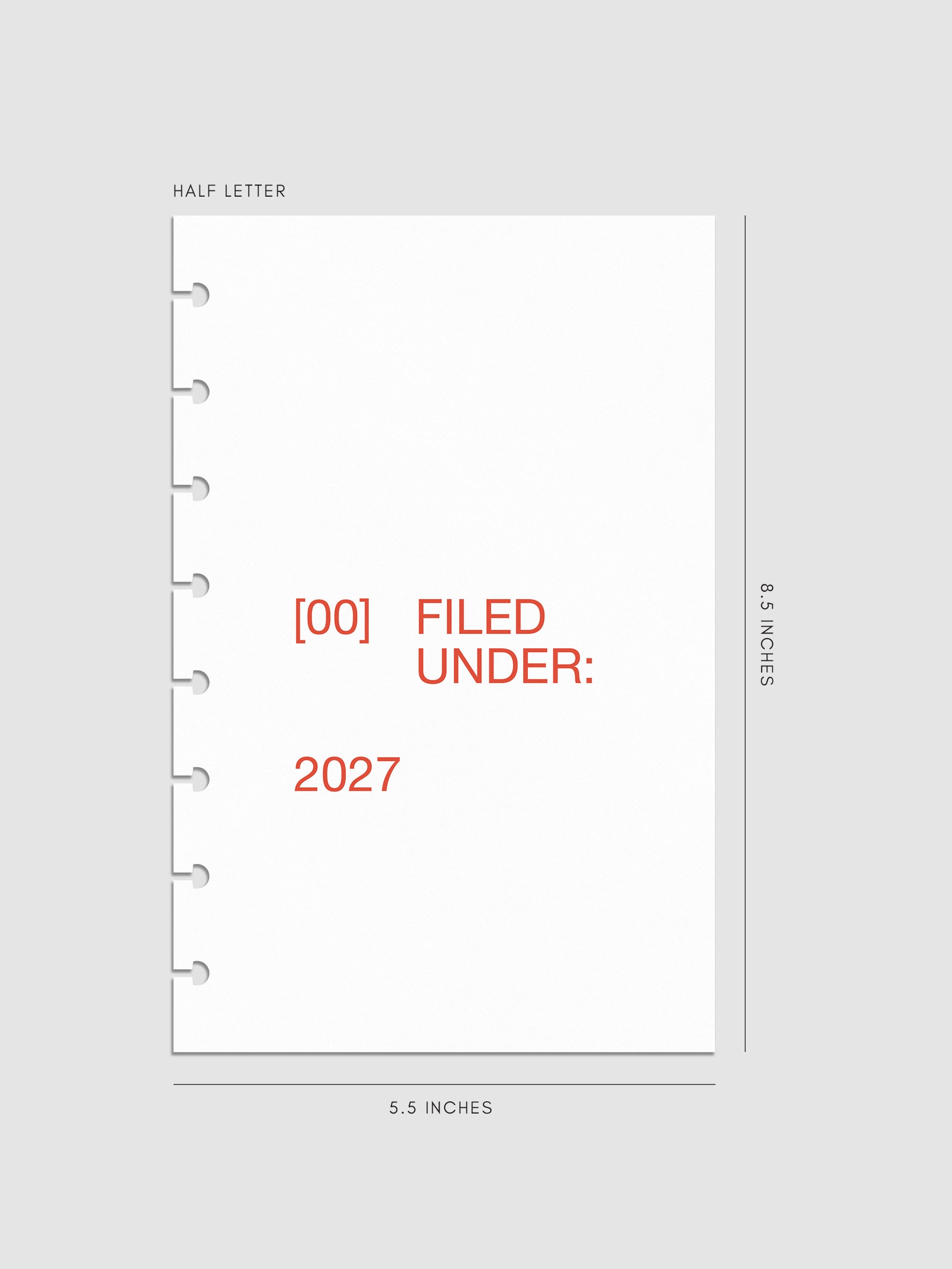 2027 Front + Monthly Dashboard Overlays, Saffron, Half Letter 8-Disc Punch, set of 13 translucent vellum overlays including a front cover overlay and 12 monthly dashboards printed in red and orange ink