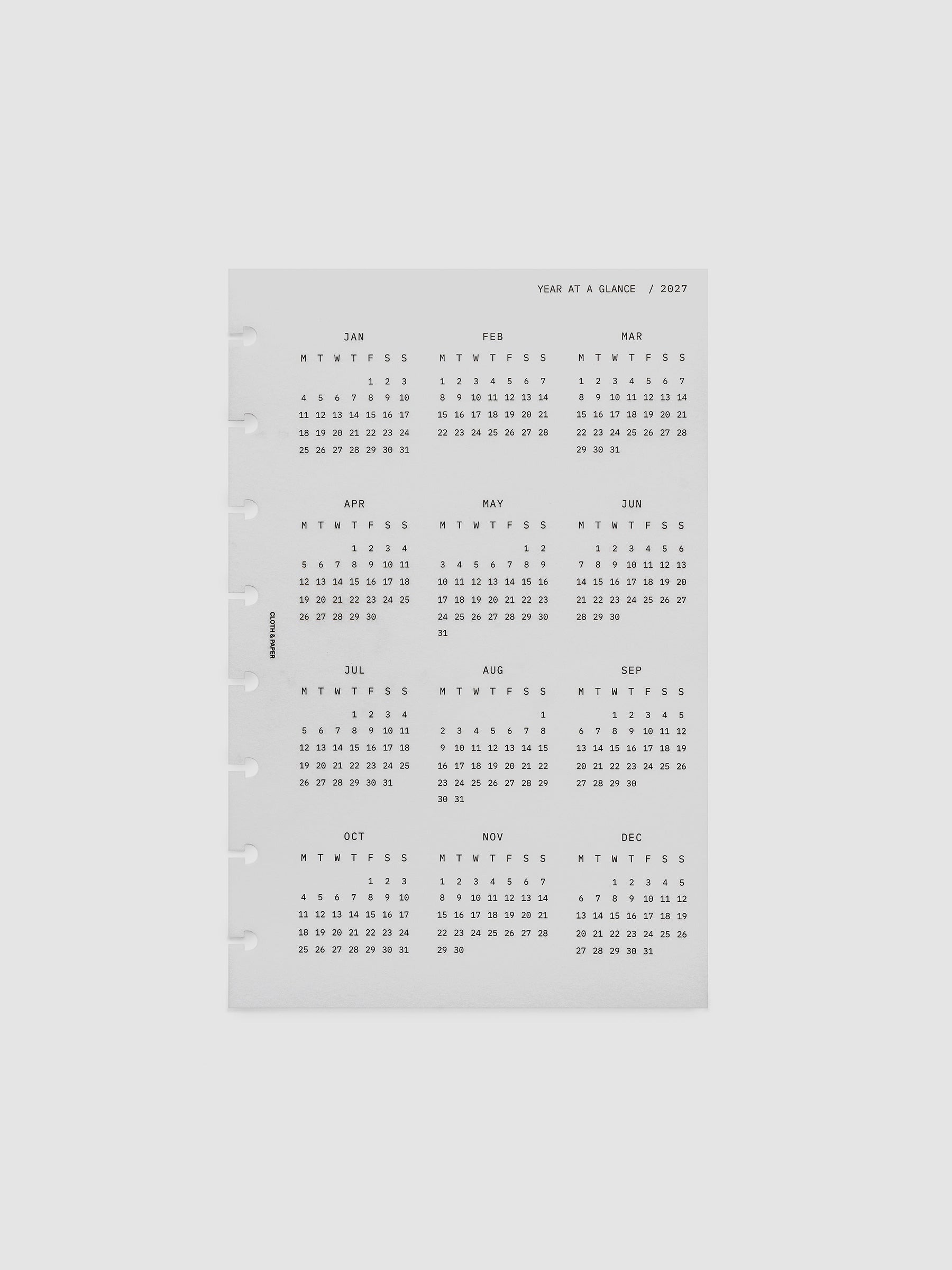 2027 Year At A Glance Dashboard Monday Start, Half Letter 8-Disc Punch, translucent vellum dashboard shown on its own