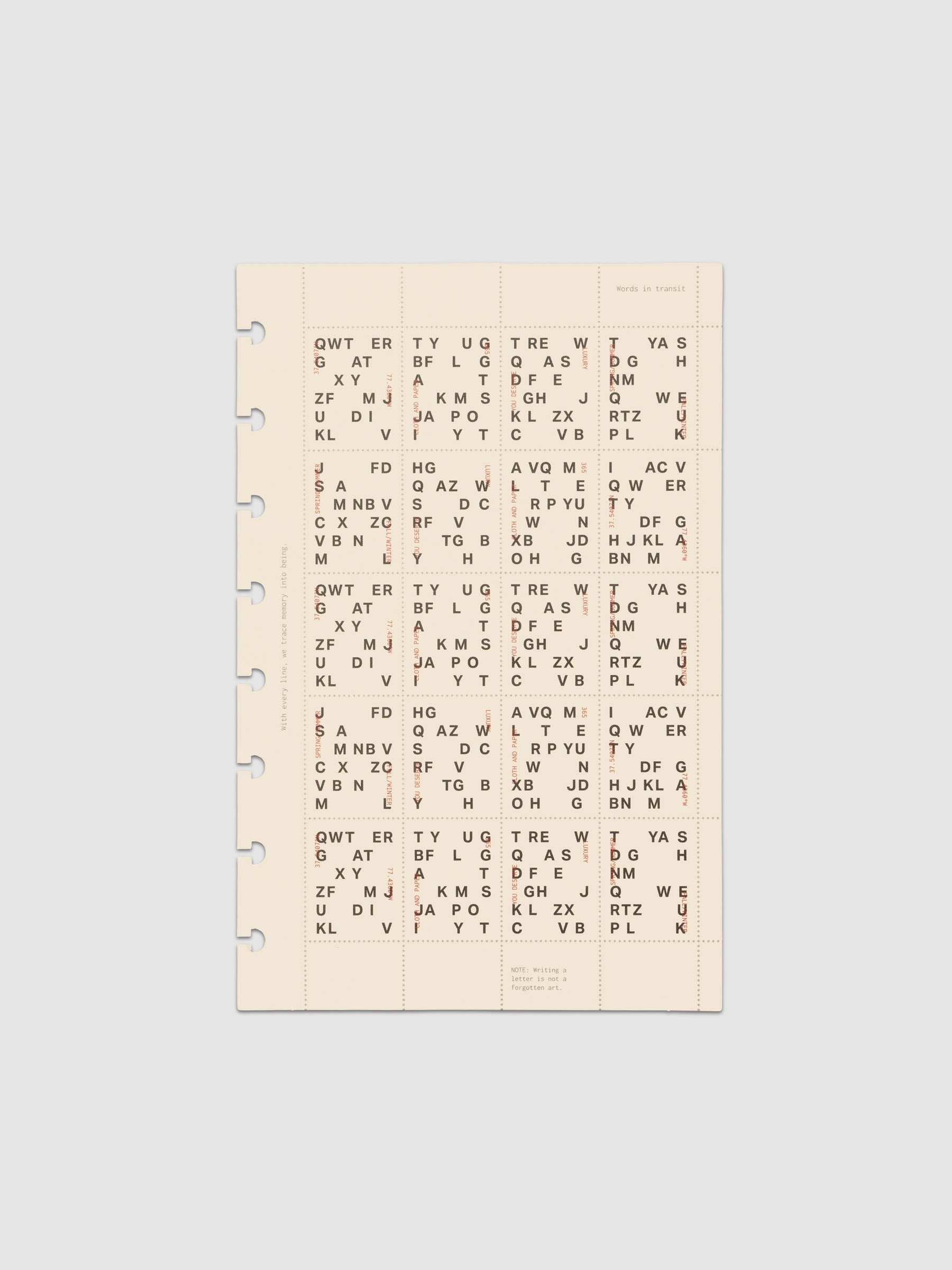 Cream colored Stamp Sheet Planner Dashboard with black text design shown in size Half Letter against a grey background.