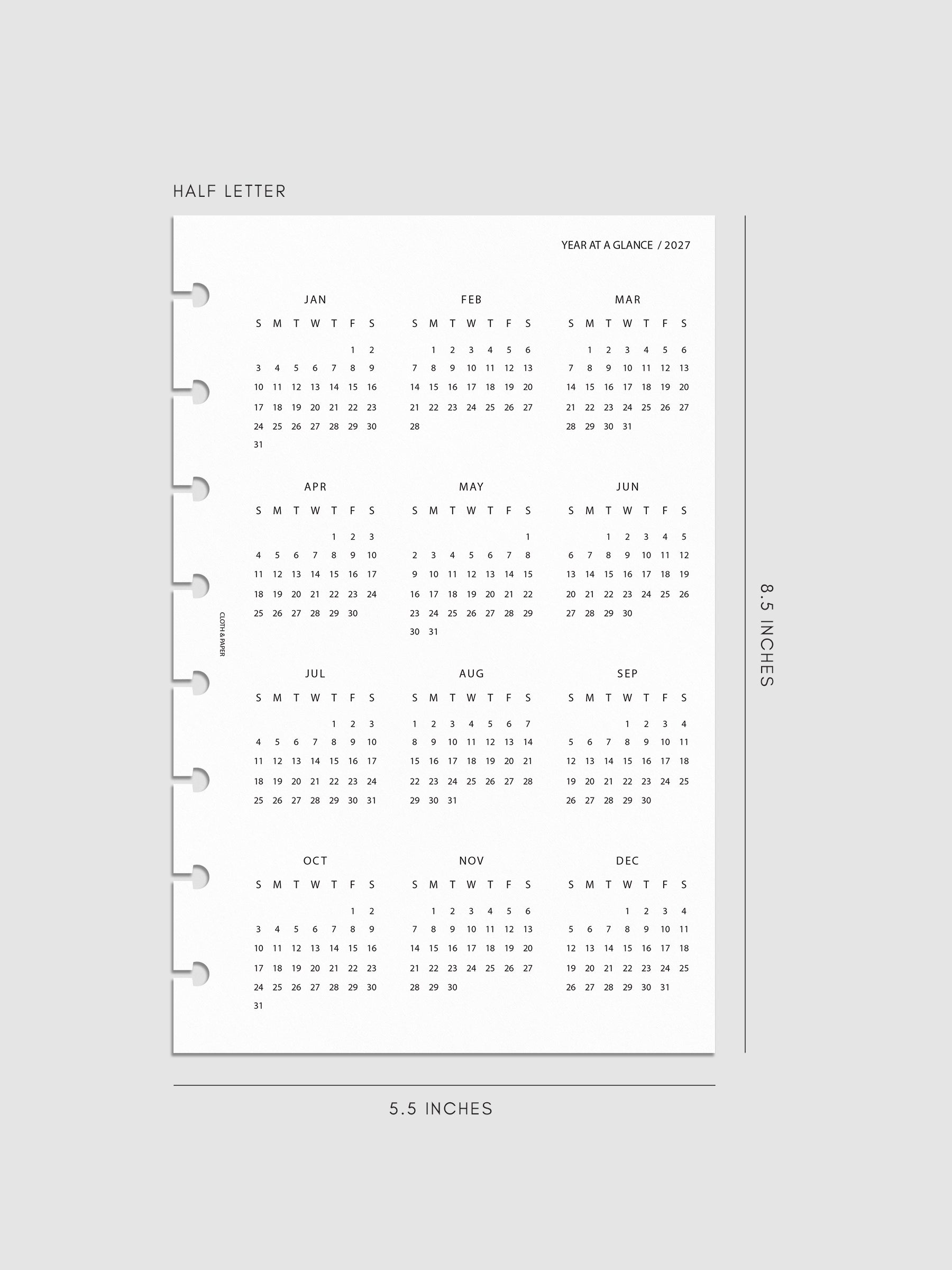 2027 Year At A Glance Dashboard Sunday Start, Half Letter 8-Disc Punch, translucent vellum dashboard printed with a full 2027 year-at-a-glance calendar in Sunday-start format