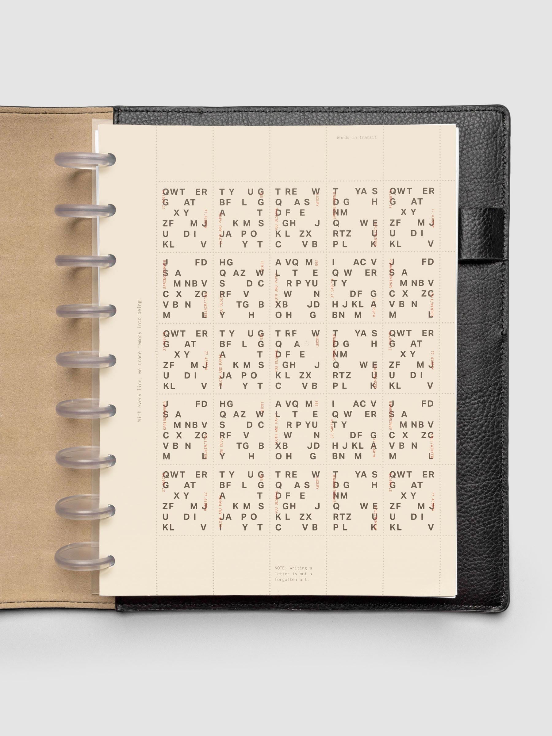 Stamp Sheet Planner Dashboard shown in a HP Classic black leather folio.