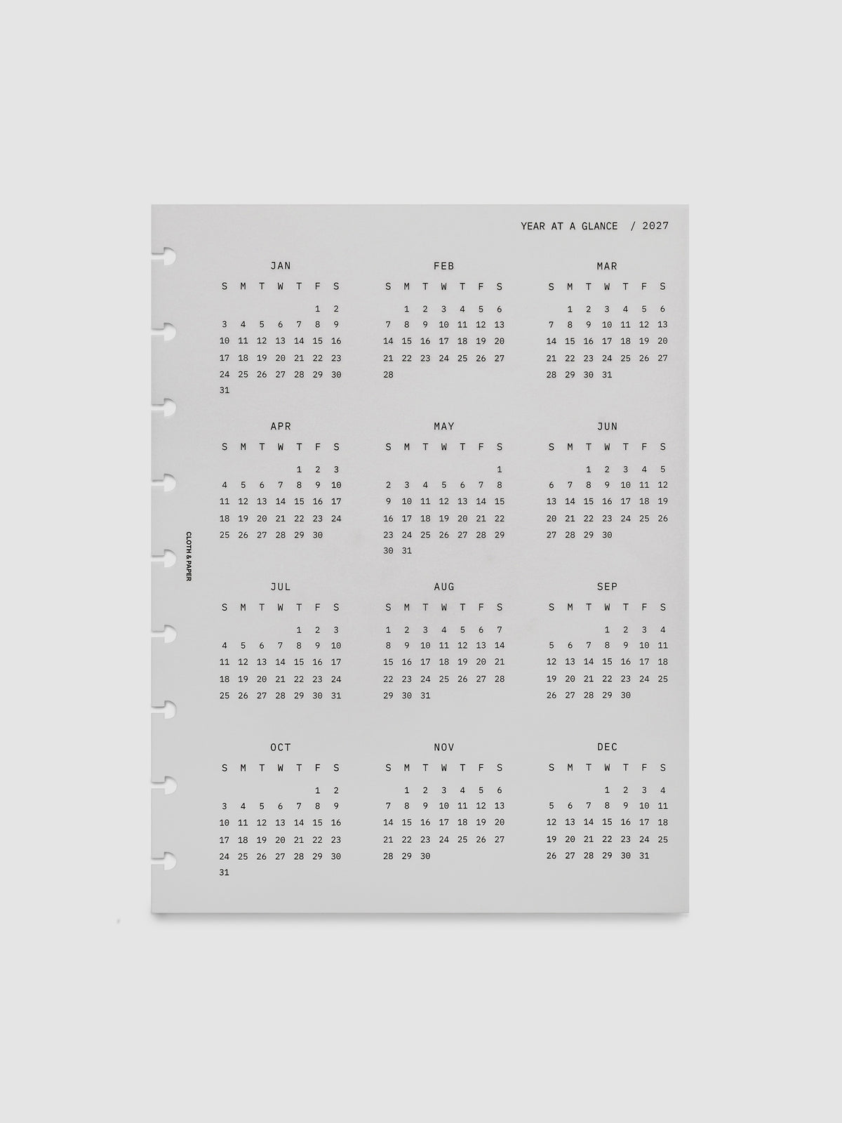 2027 Year At A Glance Dashboard Sunday Start, HP Classic 9-Disc Punch, translucent vellum dashboard shown on its own