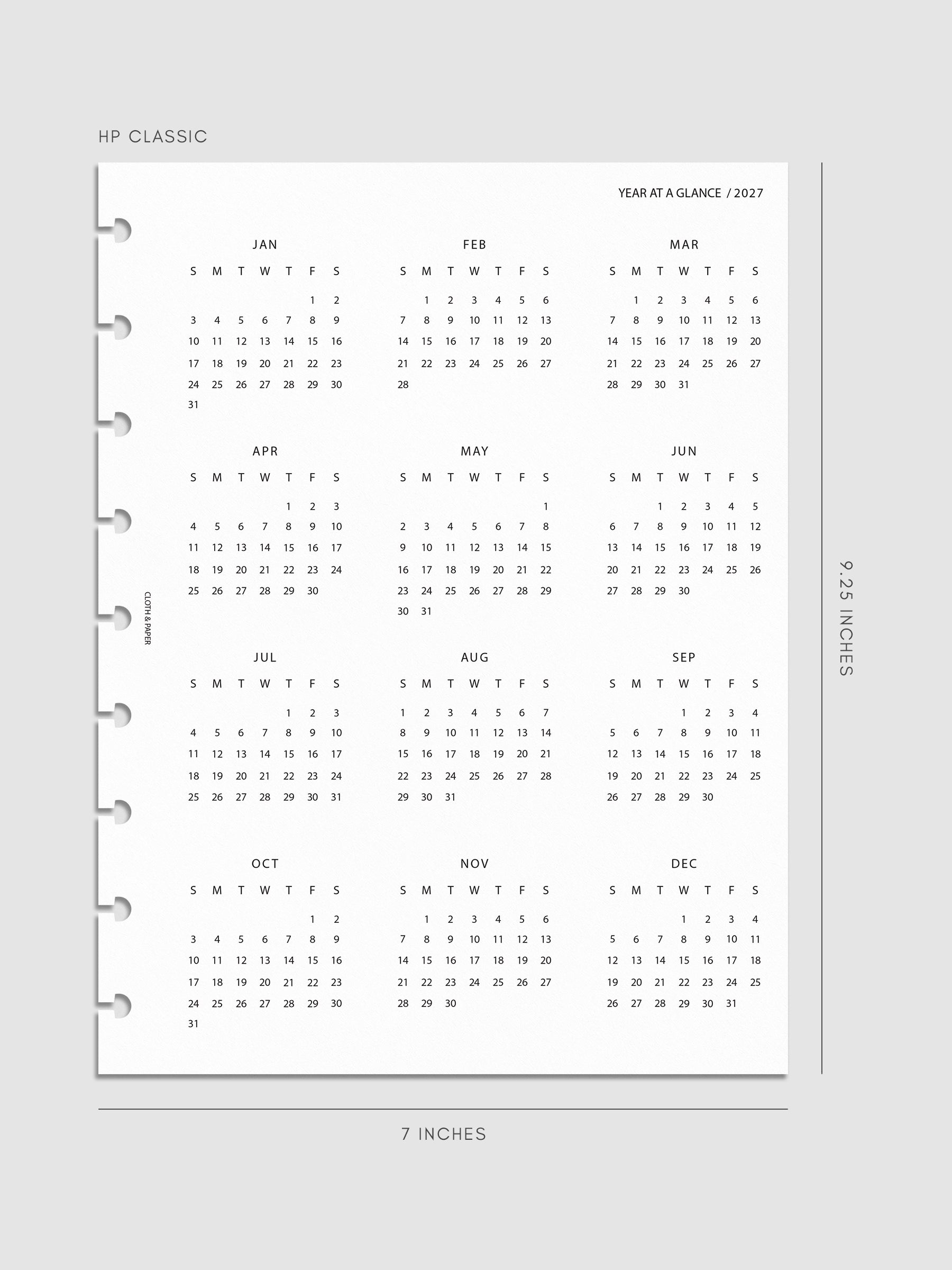 2027 Year At A Glance Dashboard Sunday Start, HP Classic 9-Disc Punch, translucent vellum dashboard printed with a full 2027 year-at-a-glance calendar in Sunday-start format
