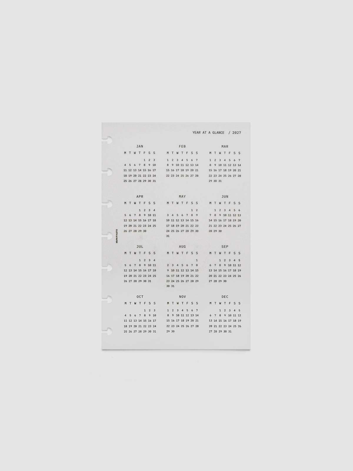 2027 Year At A Glance Dashboard Monday Start, HP Mini 7-Disc Punch, translucent vellum dashboard shown on its own