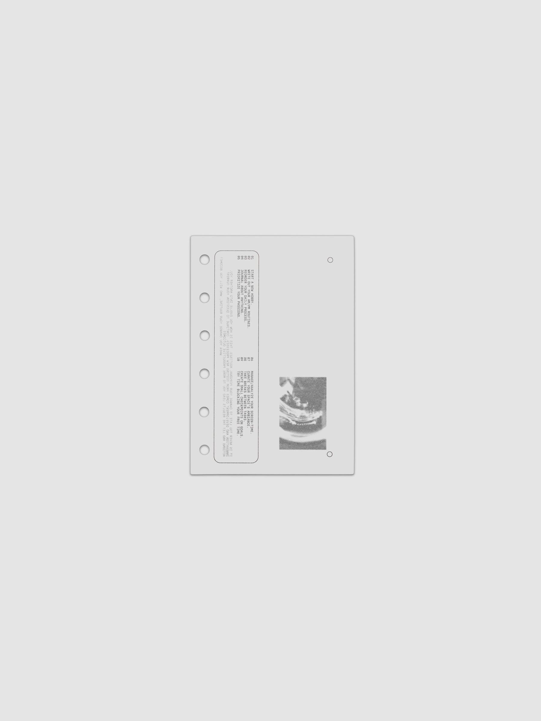 Translucent vellum dashboard with black printed type and photographic designs. Pre-punched for Pocket sized 6-ring binders.
