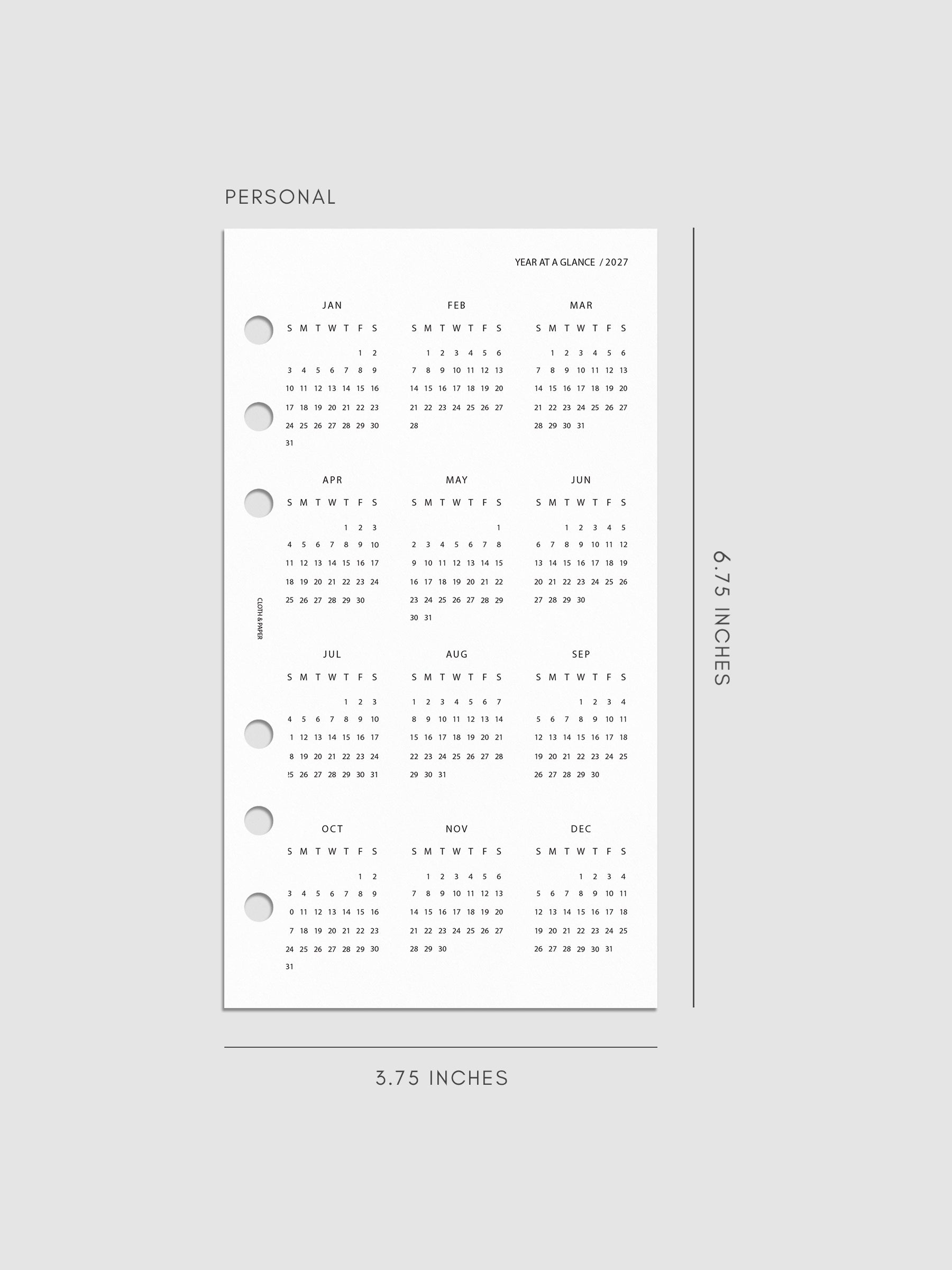 2027 Year At A Glance Dashboard Sunday Start, Personal 6-Ring Punch, translucent vellum dashboard printed with a full 2027 year-at-a-glance calendar in Sunday-start format