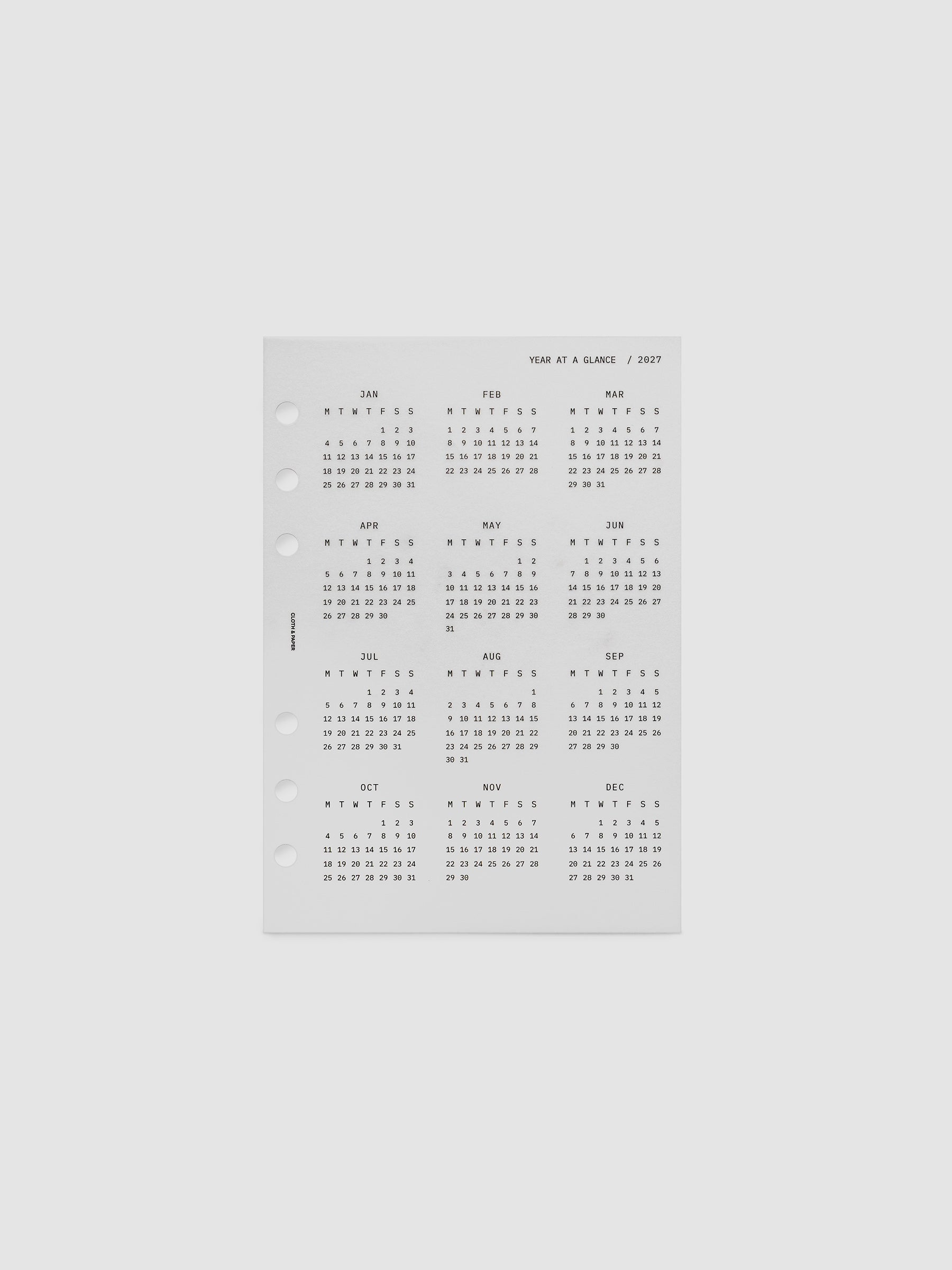 2027 Year At A Glance Dashboard Monday Start, Personal Wide 6-Ring Punch, translucent vellum dashboard shown on its own