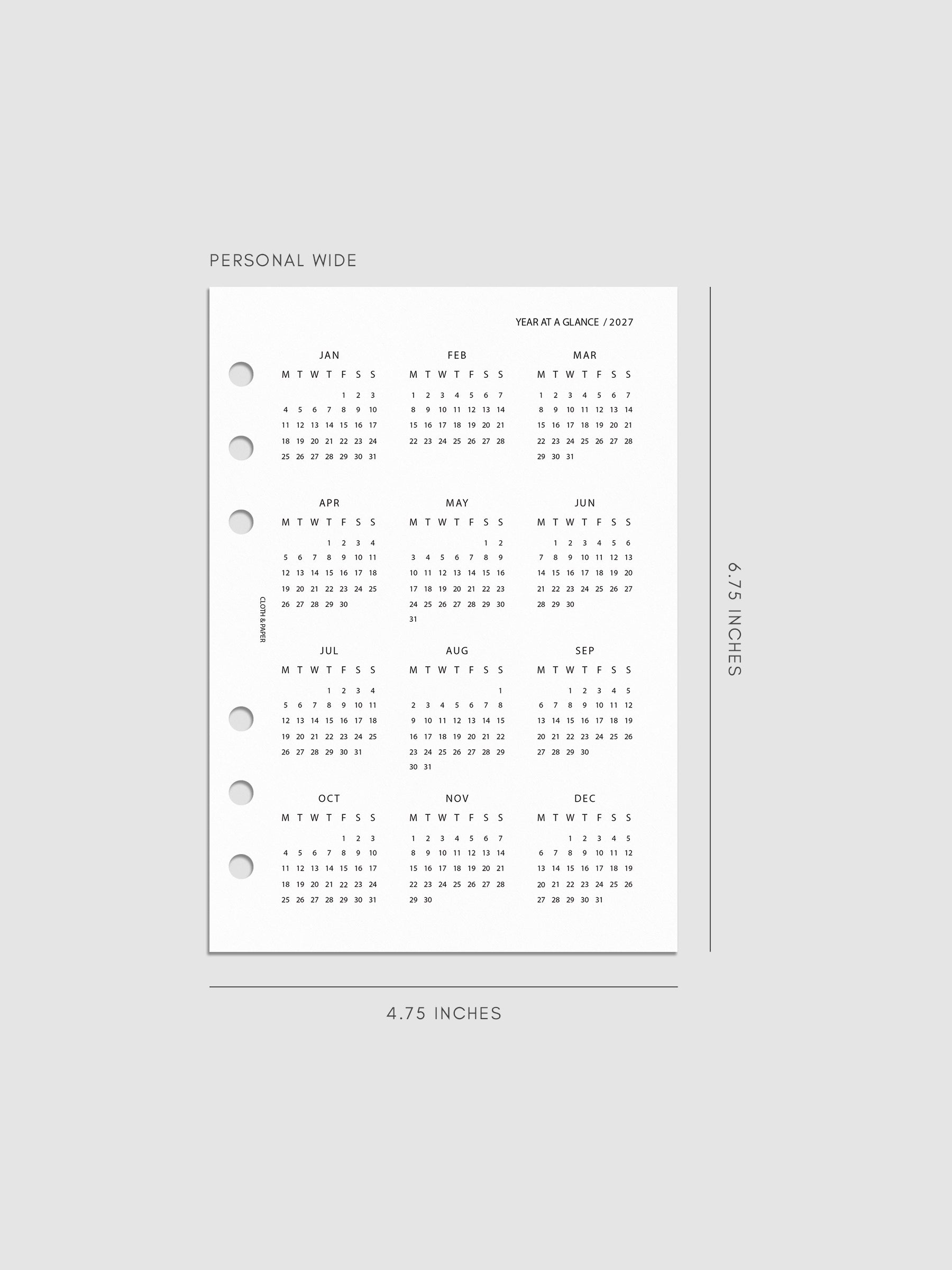 2027 Year At A Glance Dashboard Monday Start, Personal Wide 6-Ring Punch, translucent vellum dashboard printed with a full year calendar in Monday-start format