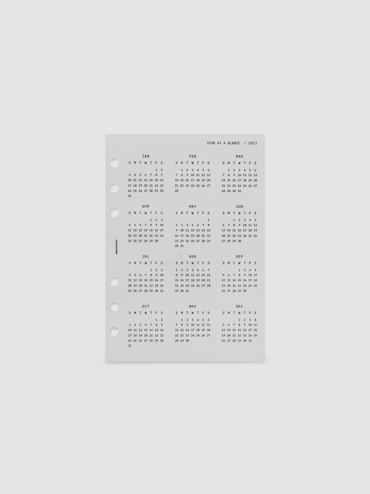 2027 Year At A Glance Dashboard Sunday Start, Personal Wide 6-Ring Punch, translucent vellum dashboard shown on its own