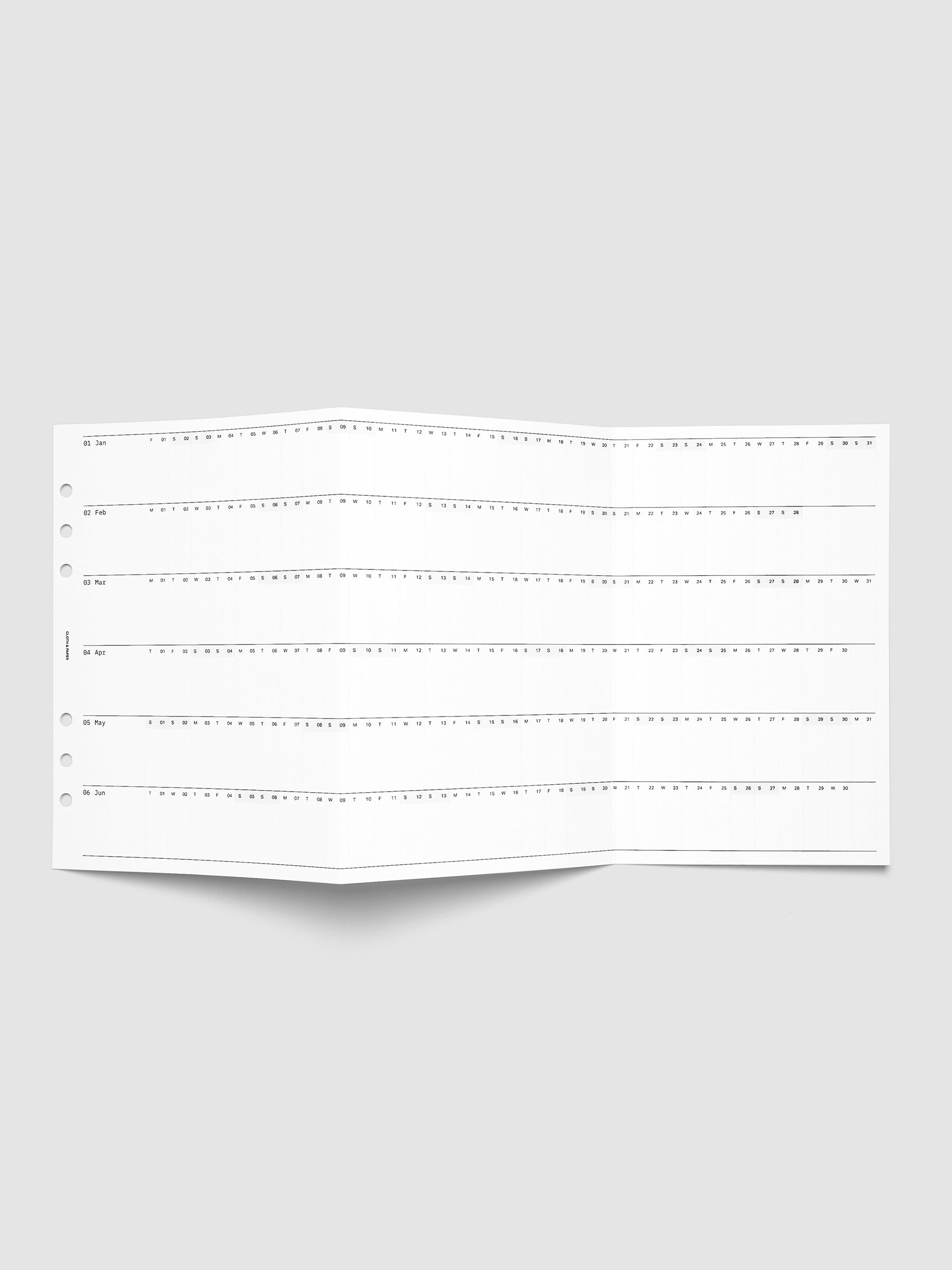 2027 Dated Fold Out Insert for the A5 6-Ring planner unfolded flat, showing six months of dated daily boxes across one side.
