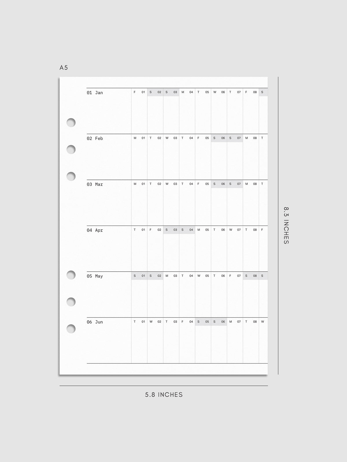 2027 Dated Fold Out Insert for the A5 6-Ring Punch planner, shown as a styled flat lay mockup.