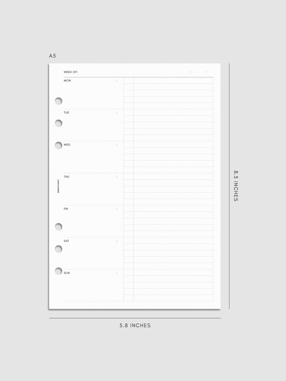 Weekly Checklist Inserts shown pre-punched for 6-ring planners in size A5.