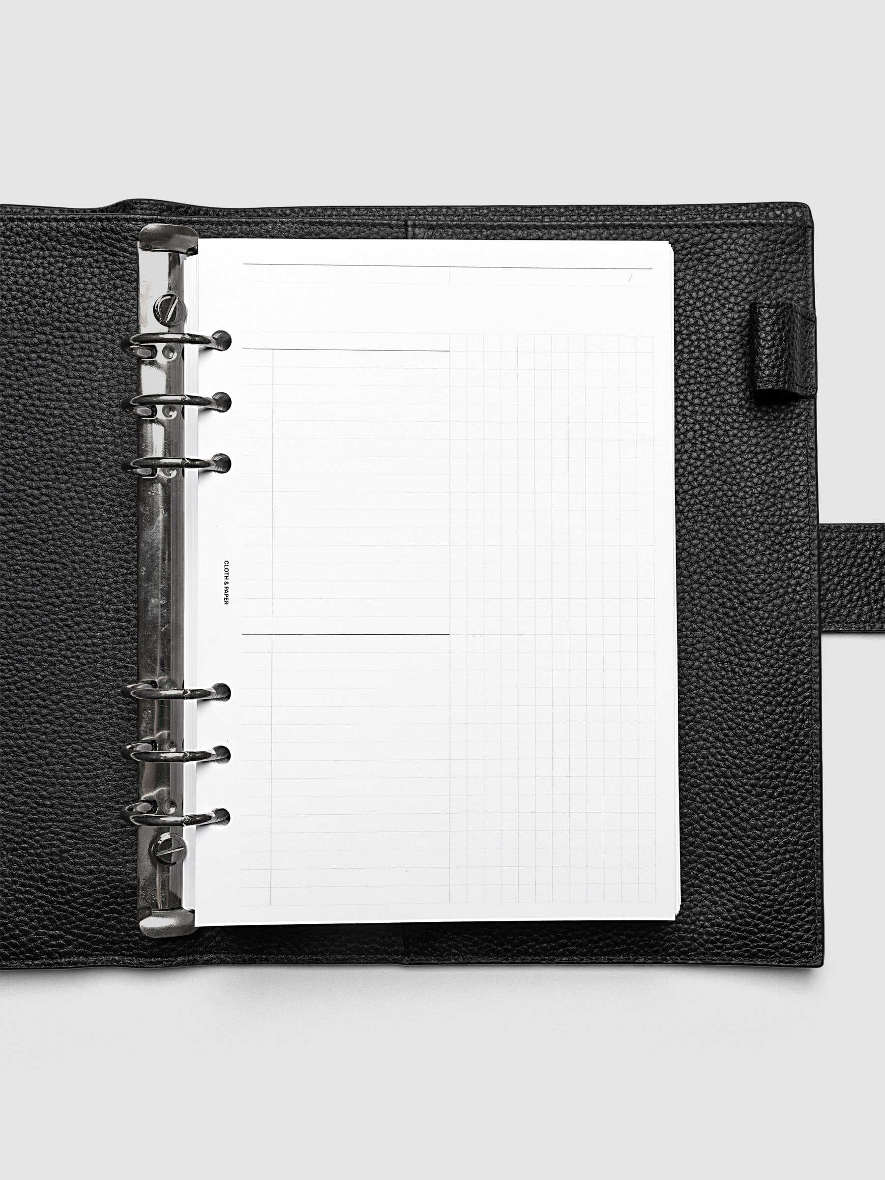 Daily Workflow Planner Inserts, A5 6-Ring Punch, right page showing large graph notes section inside a planner