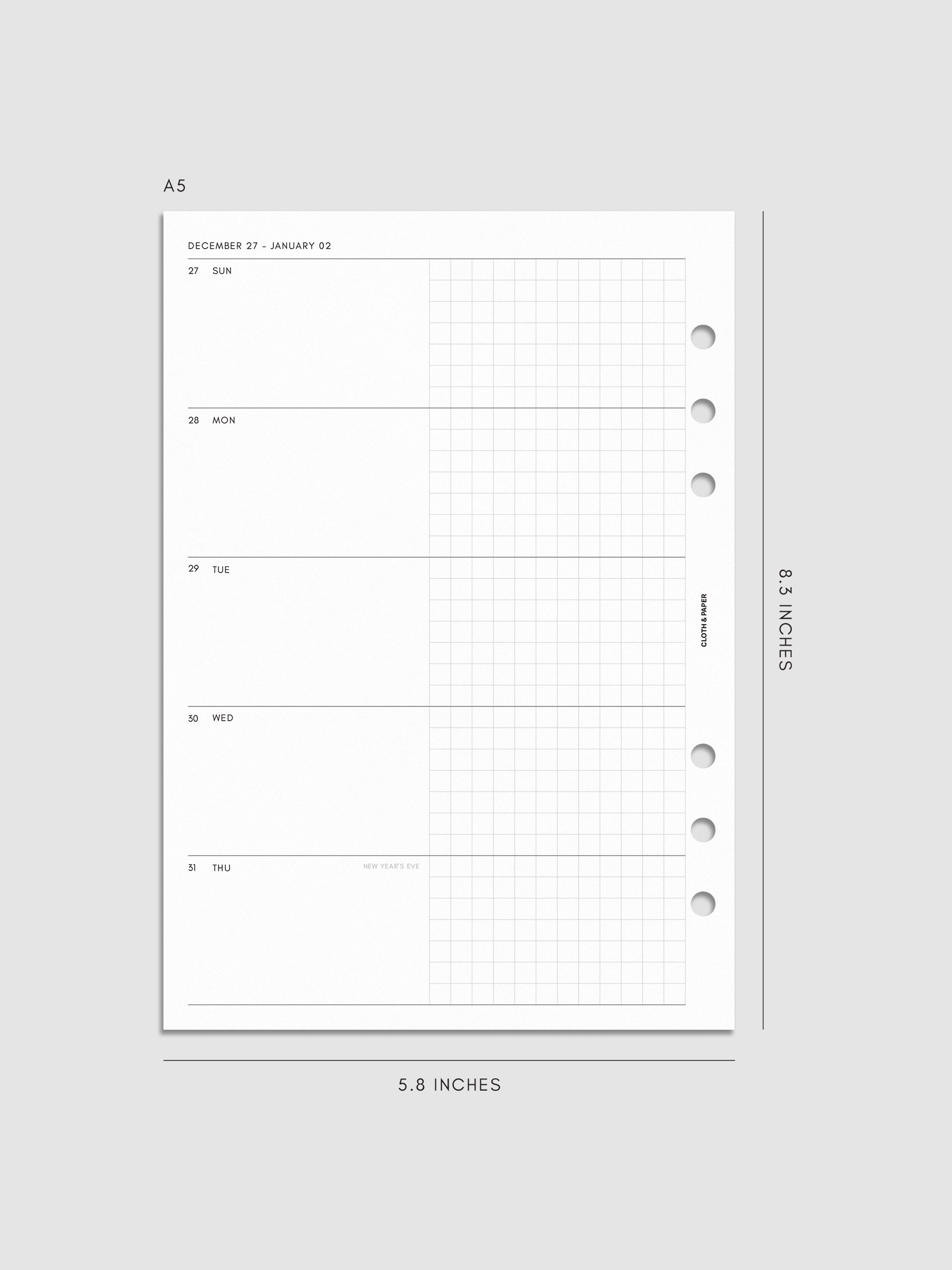 Mockup of the 2027 Dated Weekly Horizontal Planner Inserts | Sunday Start left page shown in size A5 6-Ring Punch