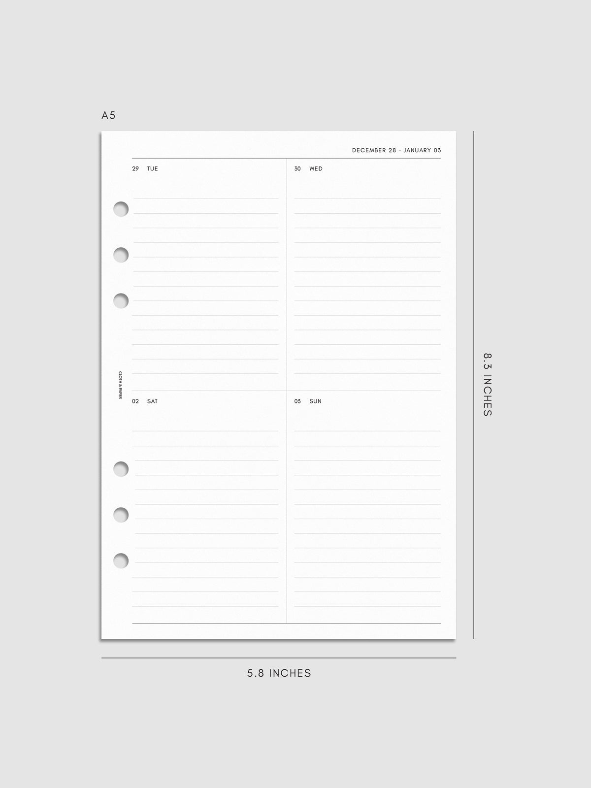 2027 Dated Weekly Vertical Planner Inserts, Monday Start, A5 6-Ring Punch, right page of weekly spread showing a two-column two-row daily grid with lined sections throughout