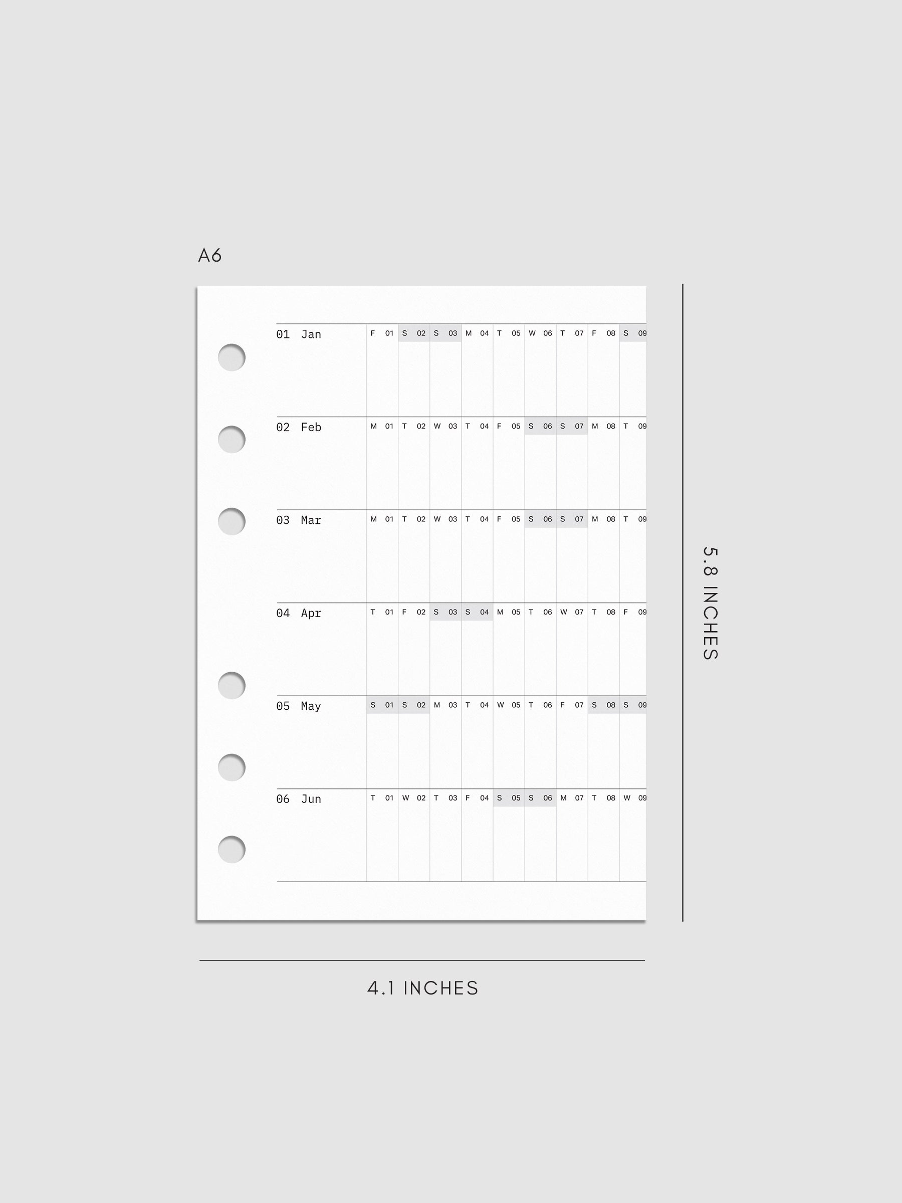 2027 Dated Fold Out Insert for the A6 6-Ring Punch planner, shown as a styled flat lay mockup.