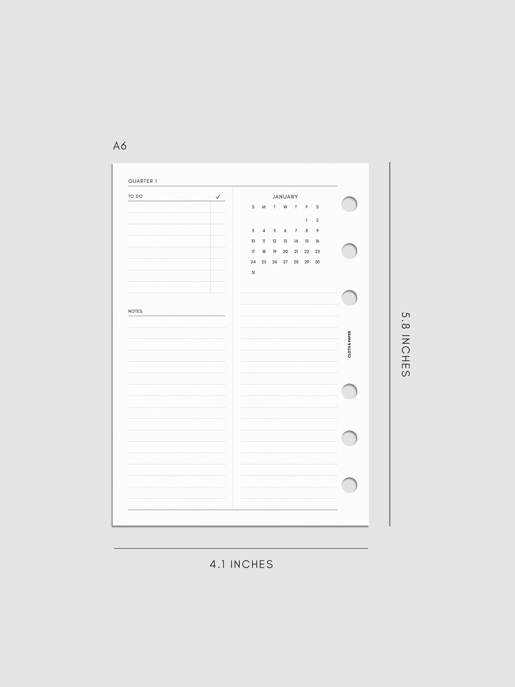2027 Dated Yearly Overview Planner Inserts Sunday Start, A6 6-Ring Punch, left page of quarterly spread showing goal-setting, to-do, and notes sections
