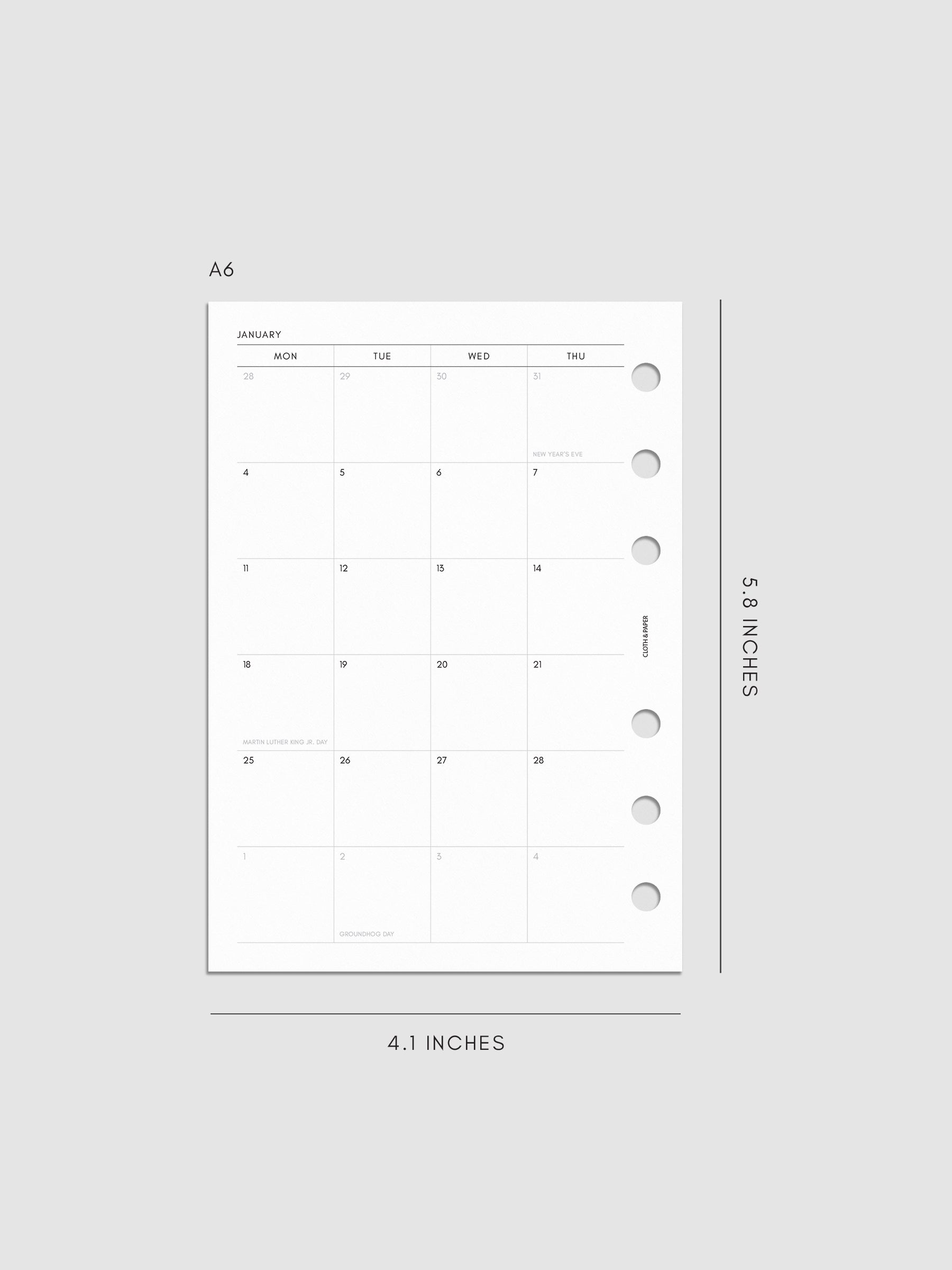 2027 Dated Monthly Planner Inserts, Monday Start, A6 6-Ring Punch, left page of two-page monthly calendar spread with Monday start shown inside a planner