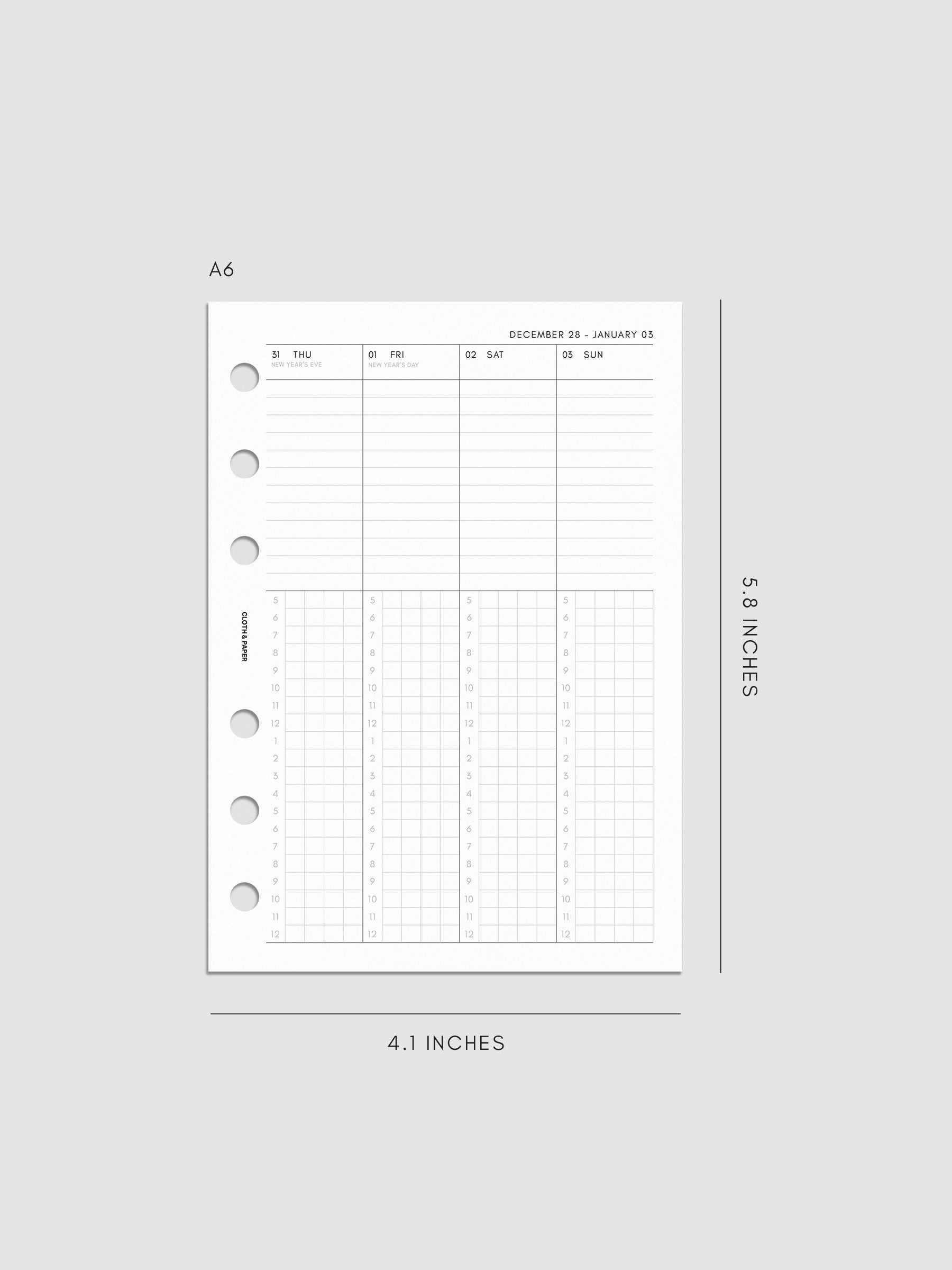 2027 Dated Weekly Time Block Inserts in A6 6-Ring Punch size, right pag
