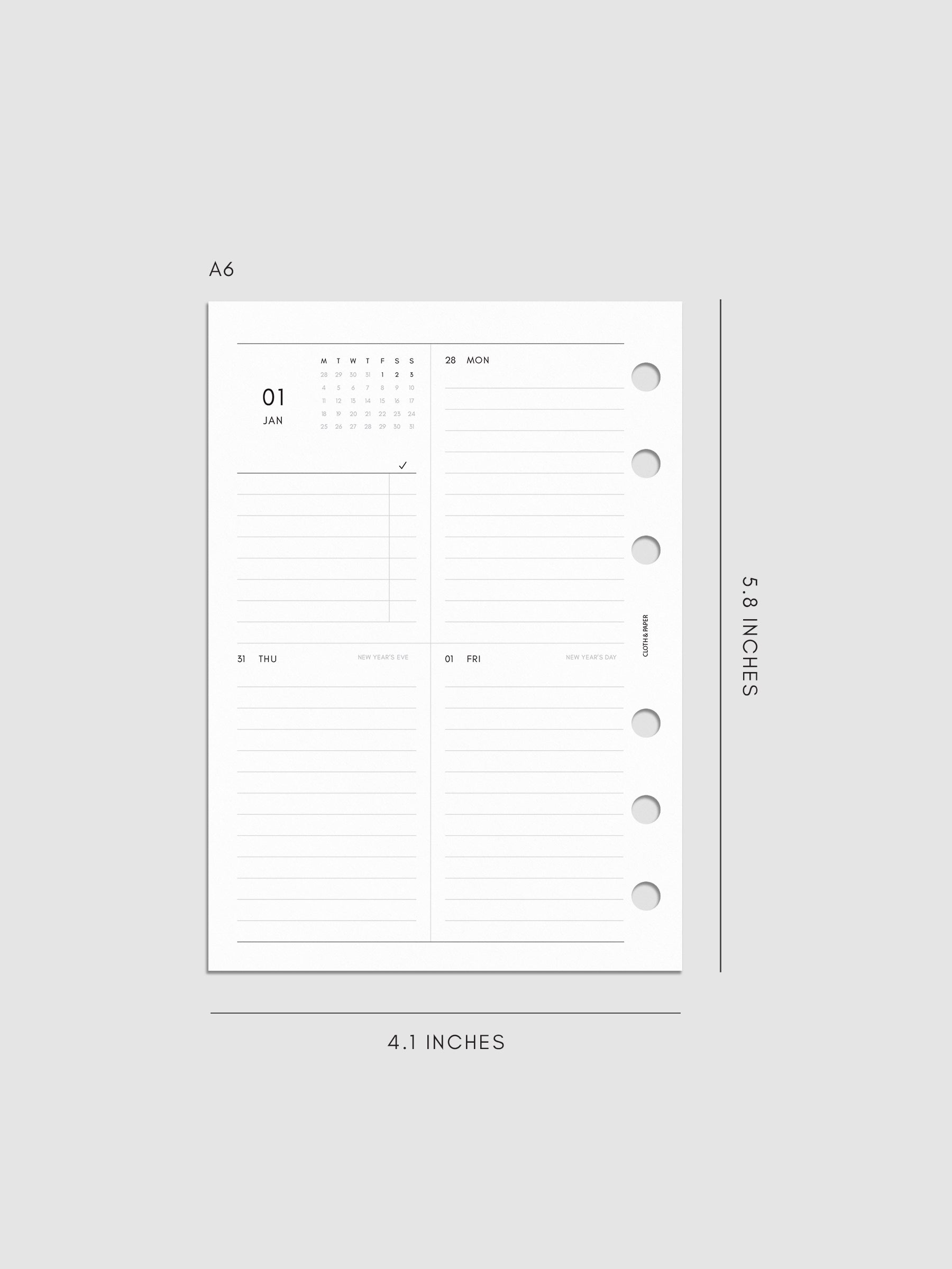 2027 Dated Weekly Vertical Planner Inserts, Monday Start, A6 6-Ring Punch, left page of weekly spread showing a two-column two-row daily grid with mini monthly calendar and task list alongside Monday and lined sections throughout