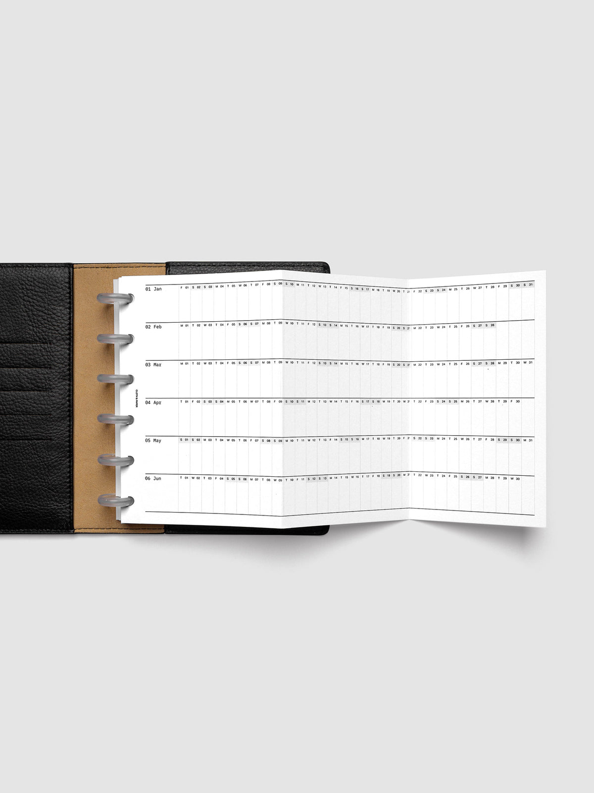 2027 Dated Fold Out Insert fully unfolded inside a CP Petite 6-Disc Punch discbound planner, showing six months of dated calendar boxes across one side.