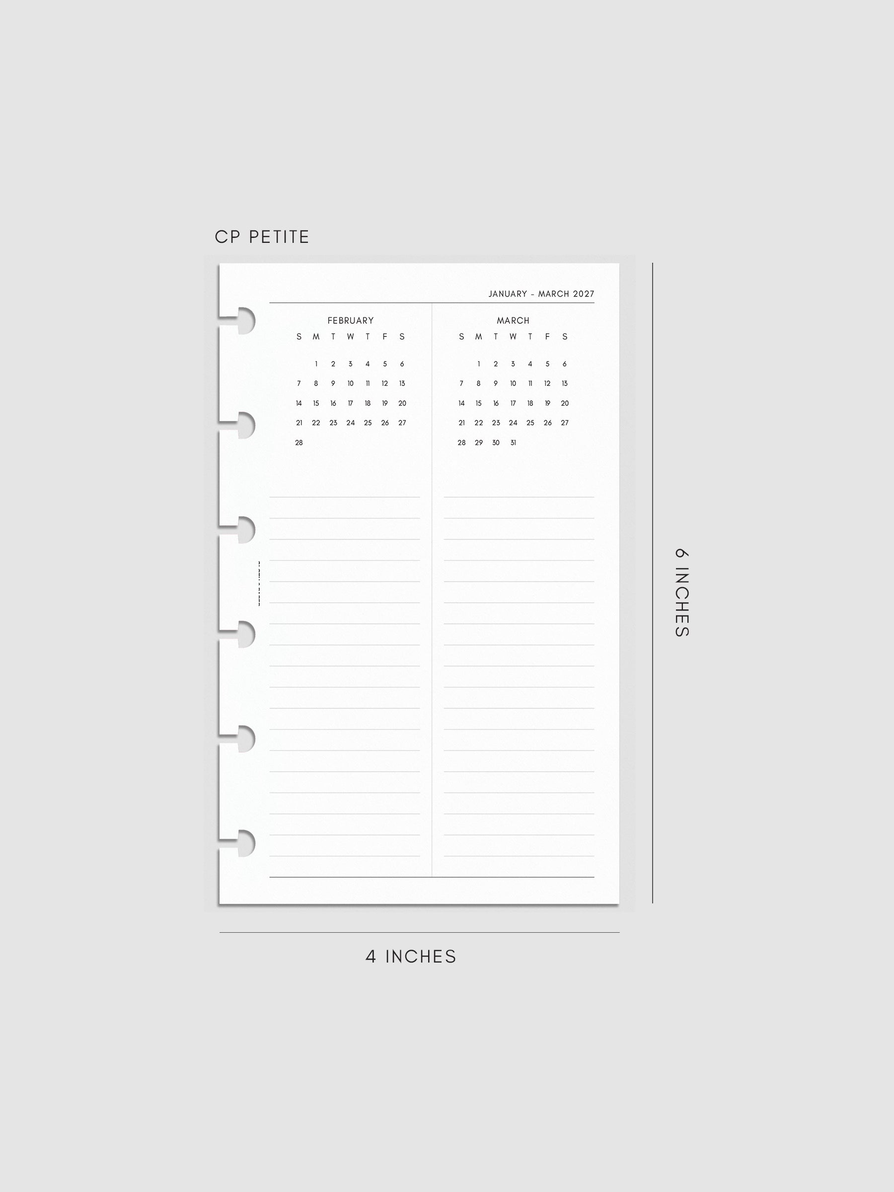 2027 Dated Yearly Overview Planner Inserts Sunday Start, CP Petite 6-Disc Punch, right page of quarterly spread showing three monthly calendar views each with a notes section below