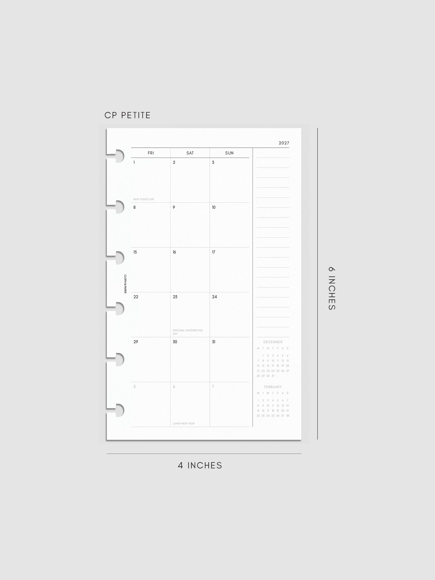 2027 Dated Monthly Planner Inserts, Monday Start, CP Petite 6-Disc Punch, right page of two-page monthly calendar spread with notes column and mini calendars in the bottom right corner shown inside a planner