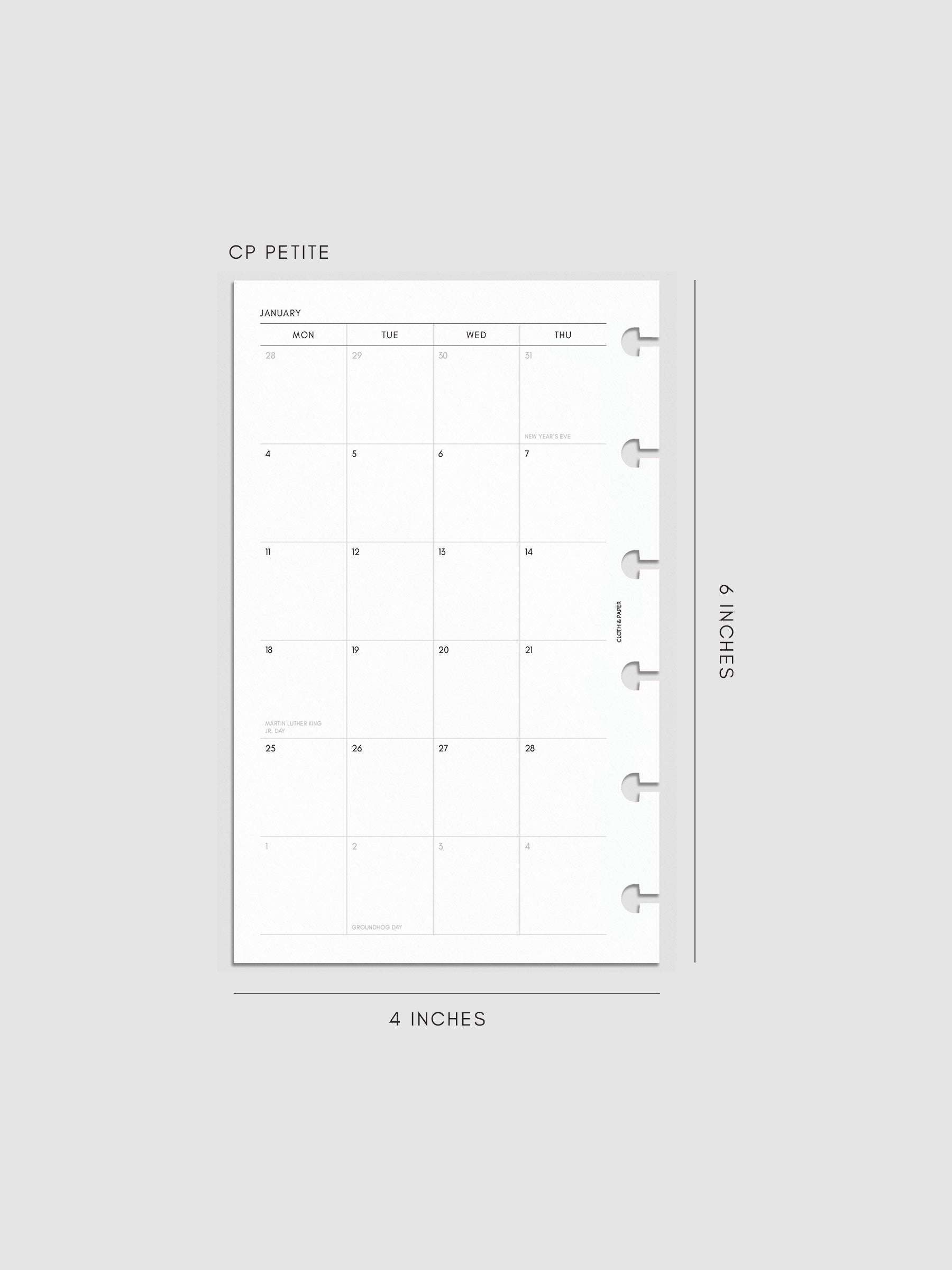 2027 Dated Monthly Planner Inserts, Monday Start, CP Petite 6-Disc Punch, left page of two-page monthly calendar spread with Monday start shown inside a planner