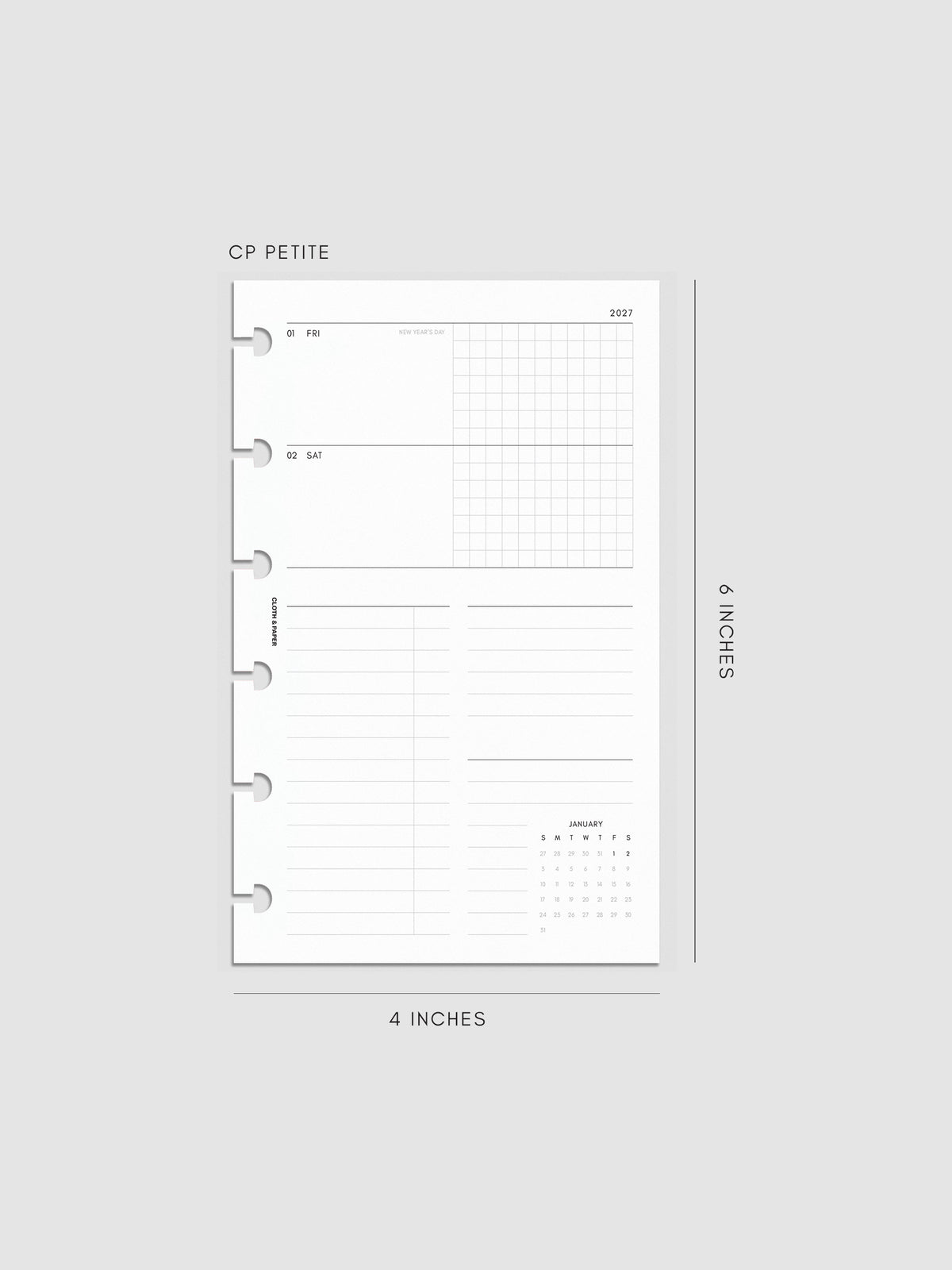 Mockup of the 2027 Dated Weekly Horizontal Planner Inserts | Sunday Start right page shown in size CP Petite 6-Disc Punch