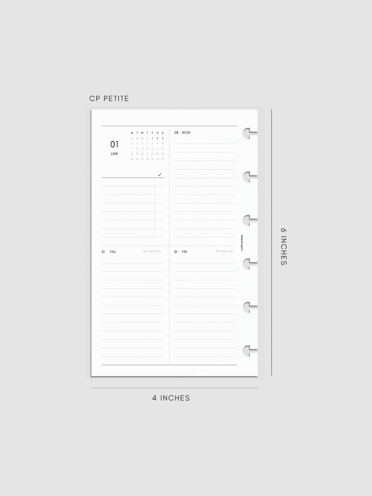 2027 Dated Weekly Vertical Planner Inserts, Monday Start, CP Petite 6-Disc Punch, left page of weekly spread showing a two-column two-row daily grid with mini monthly calendar and task list alongside Monday and lined sections throughout