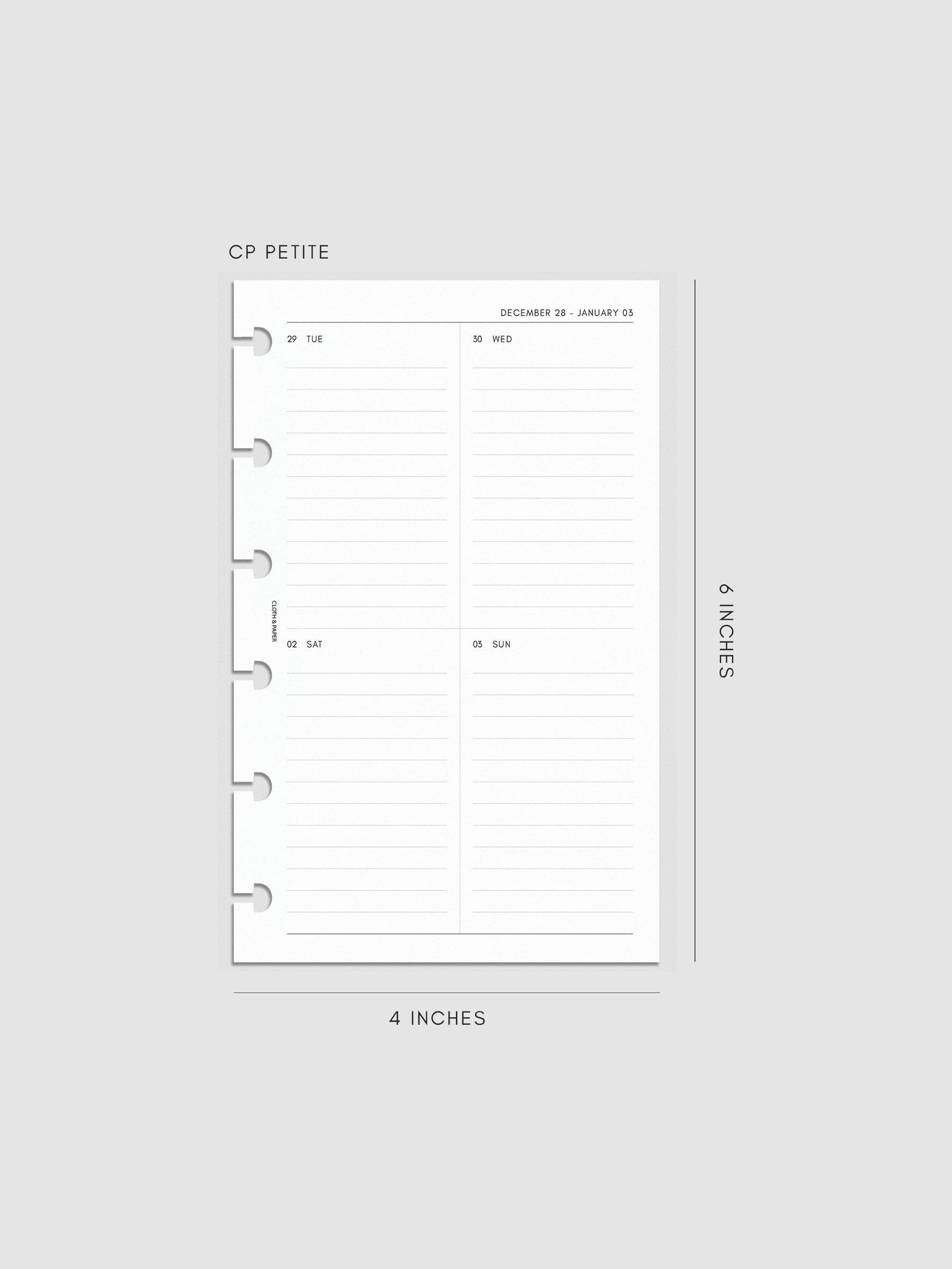 2027 Dated Weekly Vertical Planner Inserts, Monday Start, CP Petite 6-Disc Punch, right page of weekly spread showing a two-column two-row daily grid with lined sections throughout