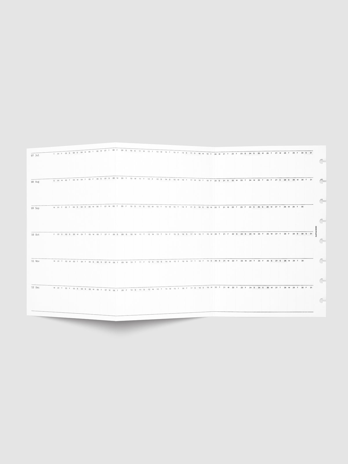 2027 Dated Fold Out Insert fully unfolded, showing six months of dated calendar boxes across one side.